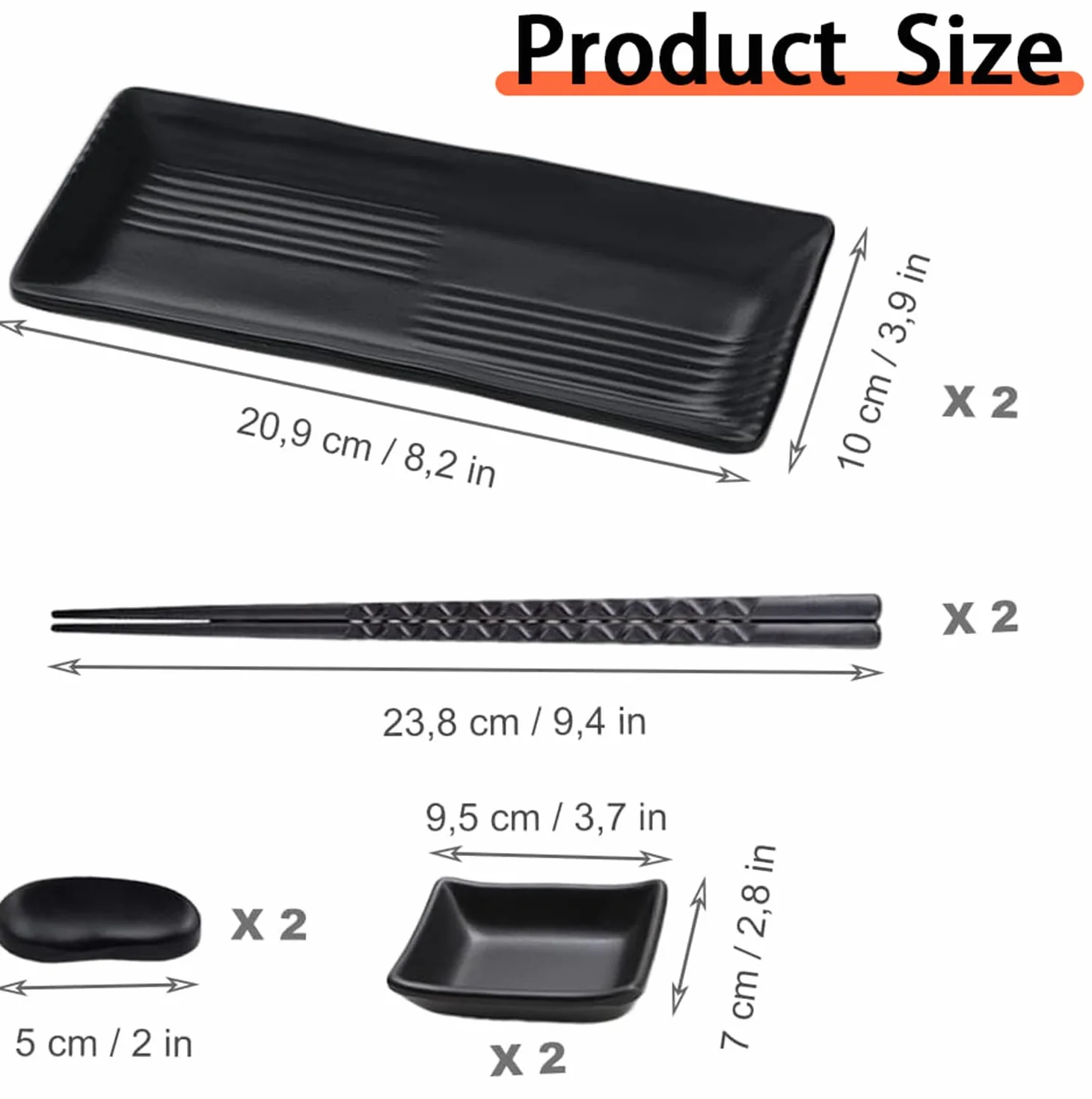 Talerz do sushi z miseczkami do dipów, japońskie talerze do sushi, zestaw naczyń z 2 parami pałeczek + 2 półki na pałeczki + 2 talerze + 2 talerze do dipet, czarny