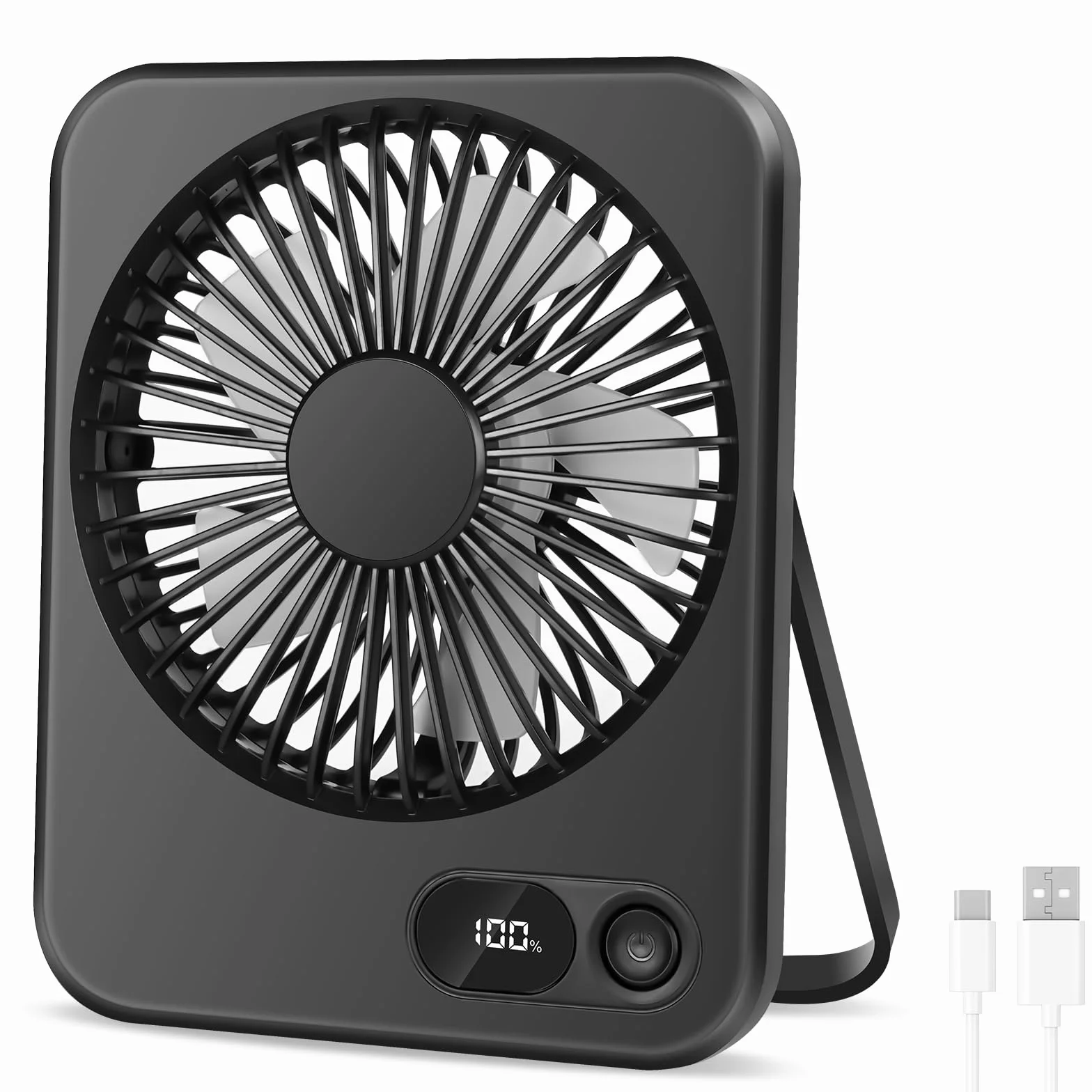 AXFEE Wentylator biurkowy USB, 2000 mAh, USB-C, ładowalny, składany, mini, przenośny, cichy z wyświetlaczem LED, regulowany 180°, mocne chłodzenie