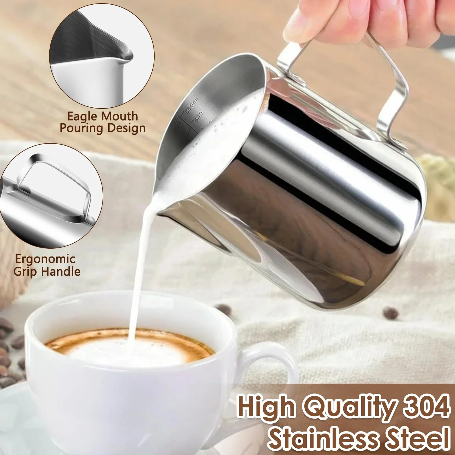 anpro Pojemnik na mleko 400 ml/14 fl. oz. Milk Pitcher dzbanek na mleko ze stali nierdzewnej, idealny do cappuccino, spieniacz do mleka, srebrny
