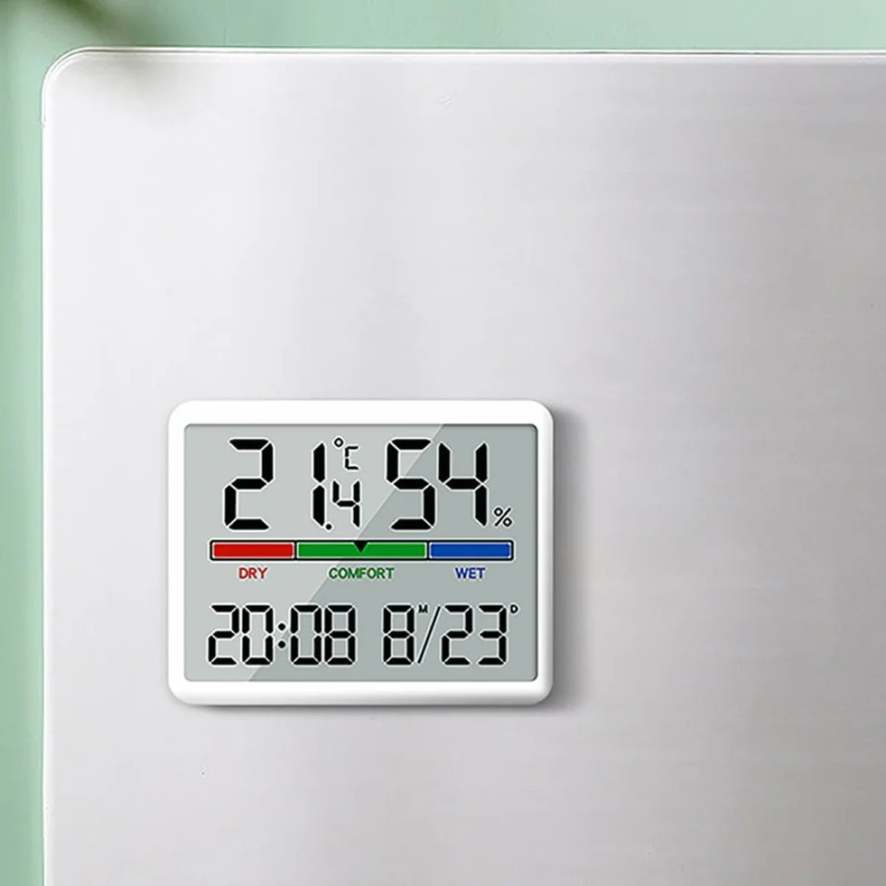 Cyfrowy termohigrometr, ultra cienki cyfrowy miernik temperatury, wilgotności, wielofunkcyjny, magnetyczny design, duży ekran, elektroniczny budzik, termometr (biały)
