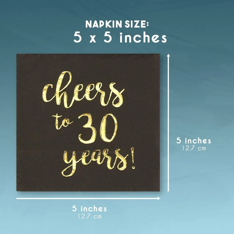 Zestaw 50 serwetek Cheers to 30 lat, 3-warstwowe papierowe serwetki, dekoracje na 30. urodziny dla mężczyzn i kobiet, impreza rocznicowa, czarno-złote, 25 x 25 cm