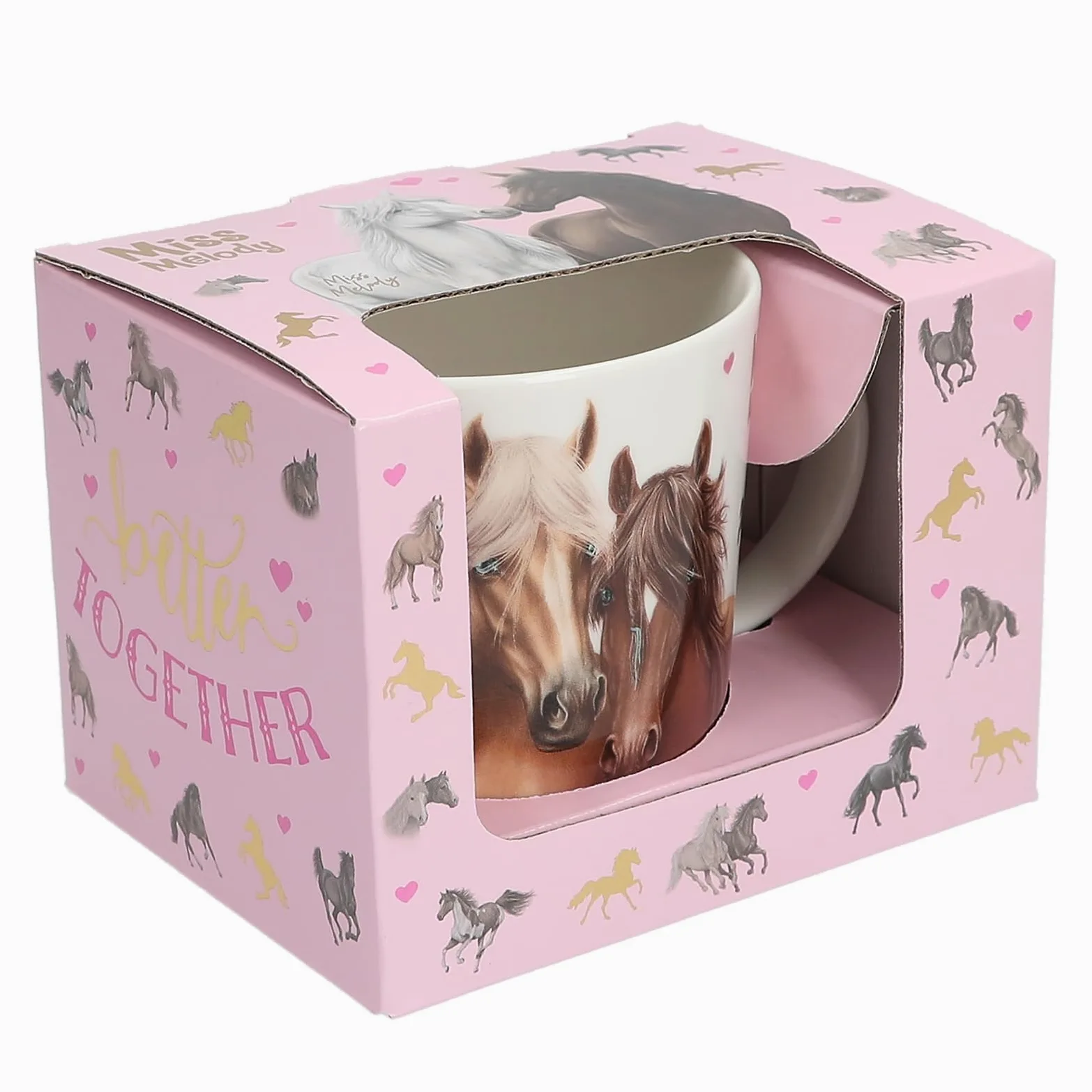 Depesche 13554 Miss Melody - kubek w kolorze białym, z motywem konia, napisem i złotymi detalami, porcelanowy kubek do picia, pojemność ok. 250 ml