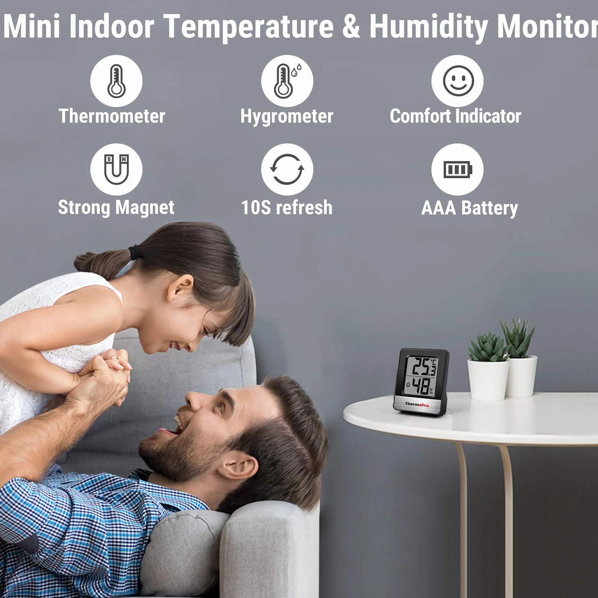 ThermoPro TP49 cyfrowy mini termometr z funkcją higrometru, pomiar temperatury i wilgotności powietrza w pomieszczeniu ze wskaźnikiem smiley do kontroli klimatu w pomieszczeniu, czarny