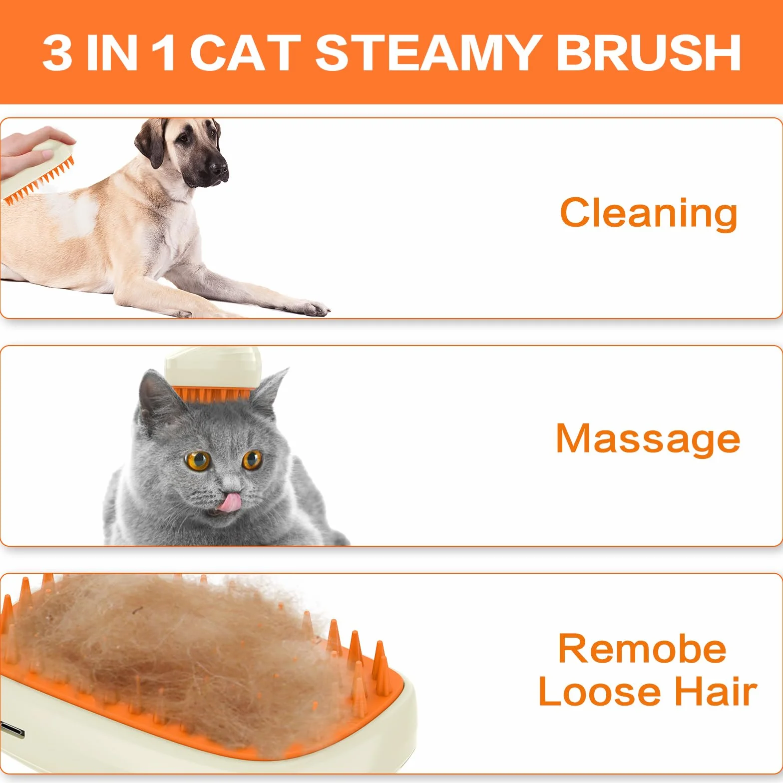 Szczotka parowa dla kota 3-w-1, do rozplątywania luźnych sierści
