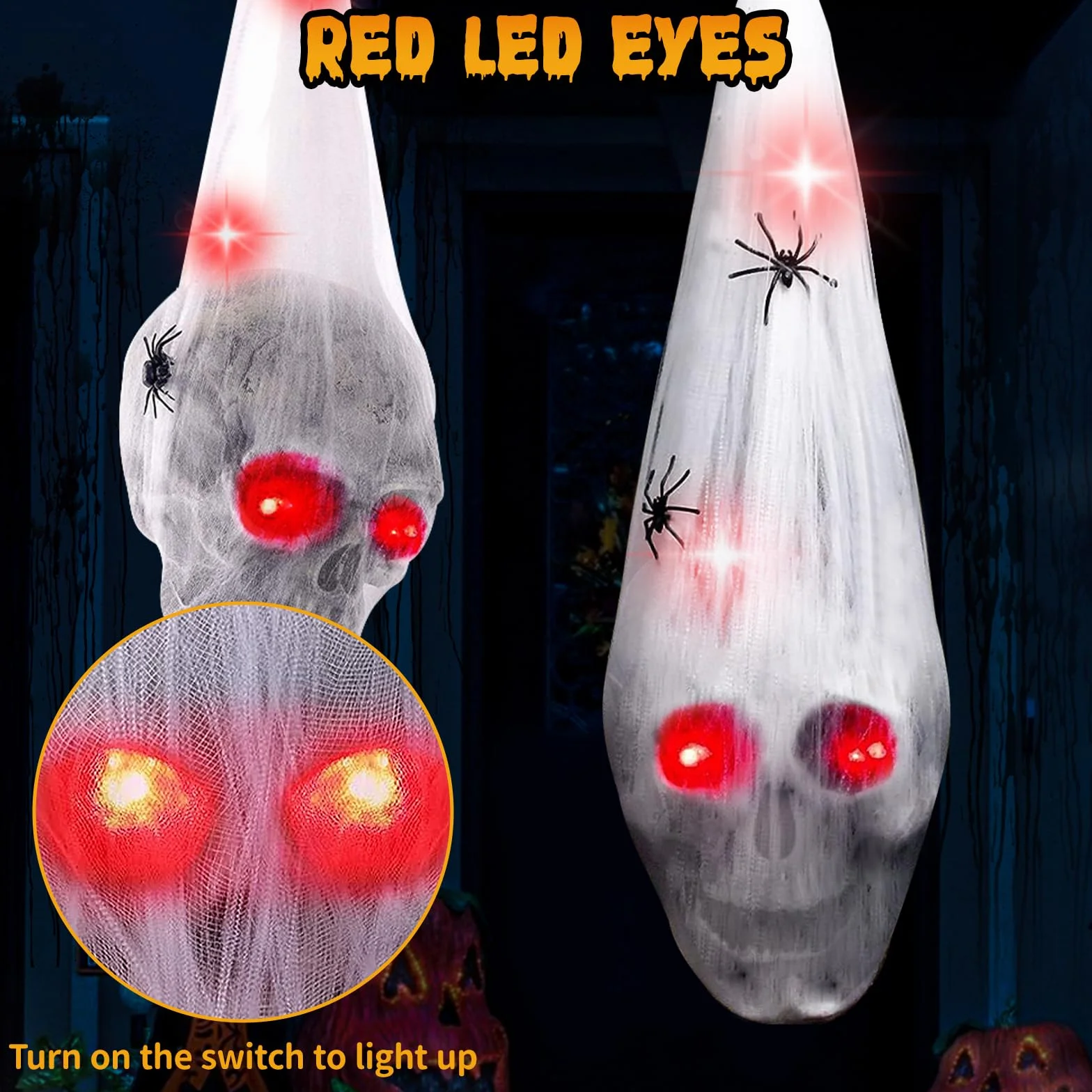 2 dekoracje do zawieszenia na Halloween, czaszka na świeżym powietrzu z 2 pająkami, dekoracja na Halloween, czerwone oko, trupia czaszka, oświetlenie czerwonych oczu