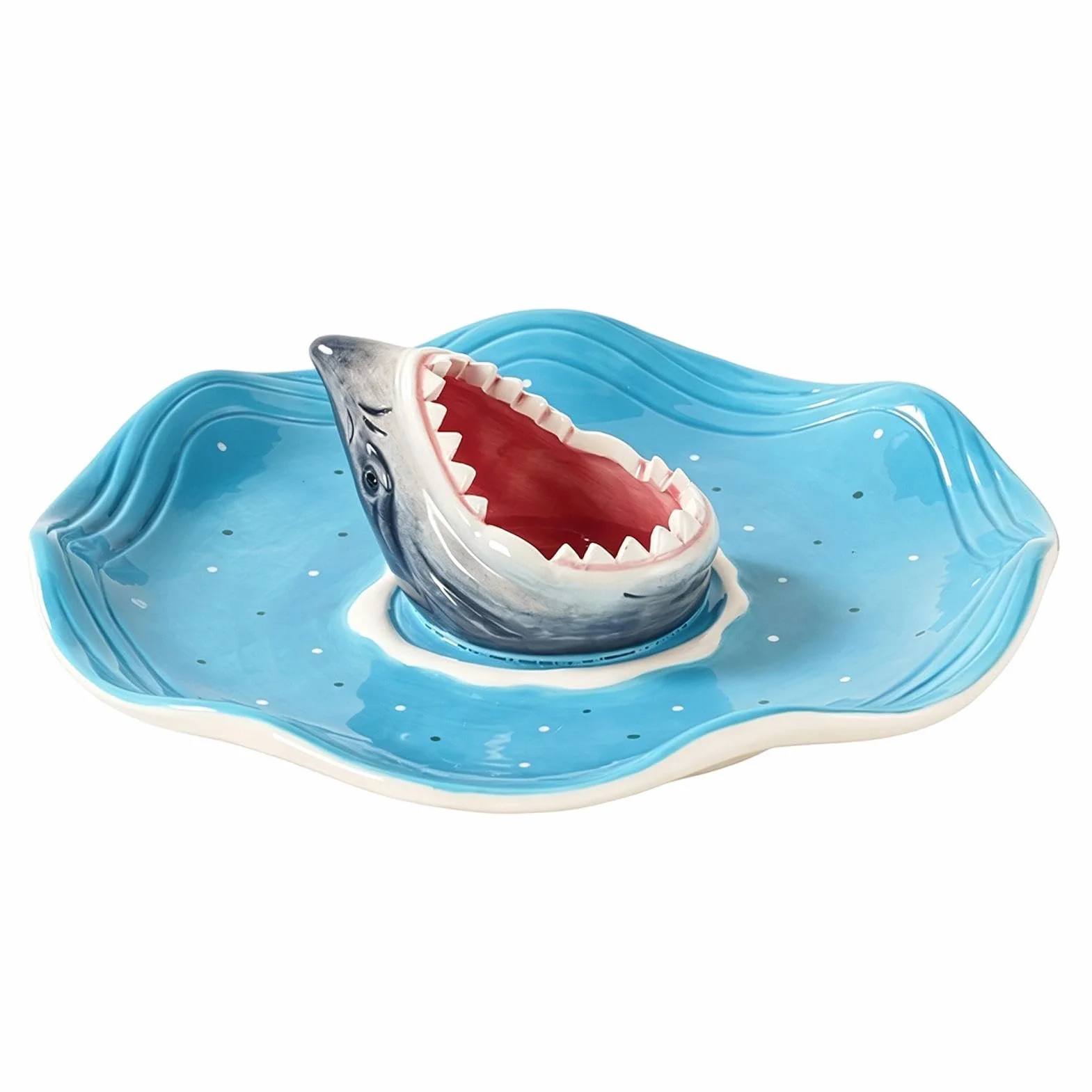 Shark Serving Platter ceramiczny z zabawną przegródką na sosy | Ceramiczna taca na przystawki do Charcuterie, taco, ryb, burgerów, sosów, owoców morza, przekąsek