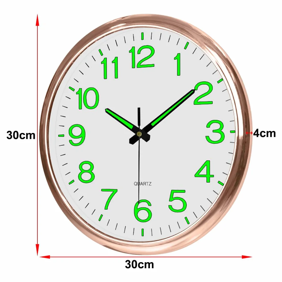 Zegar ścienny świetlny, 30 cm/12 cali, świecący w ciemności, cichy, nietykający, z lampką nocną, zegar ścienny do domu, salonu, sypialni, biura, kuchni, szkoły (złoto różowe)