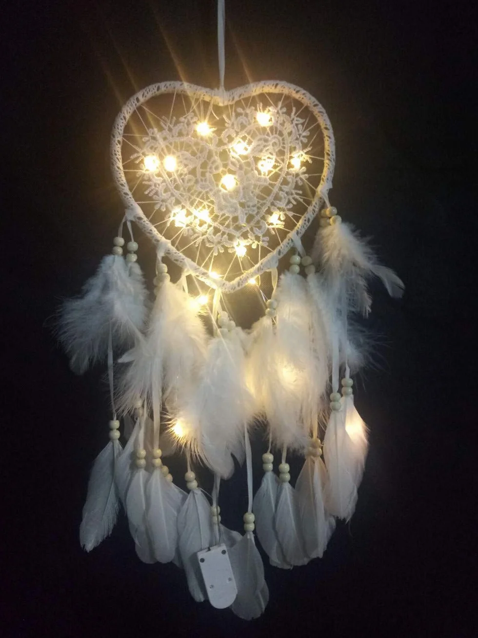 łapacz snów w stylu boho, w kształcie serca, ręcznie wykonany, lampa LED, ozdoba na ścianę, romantyczna dekoracja (kolor biały, z lampkami)
