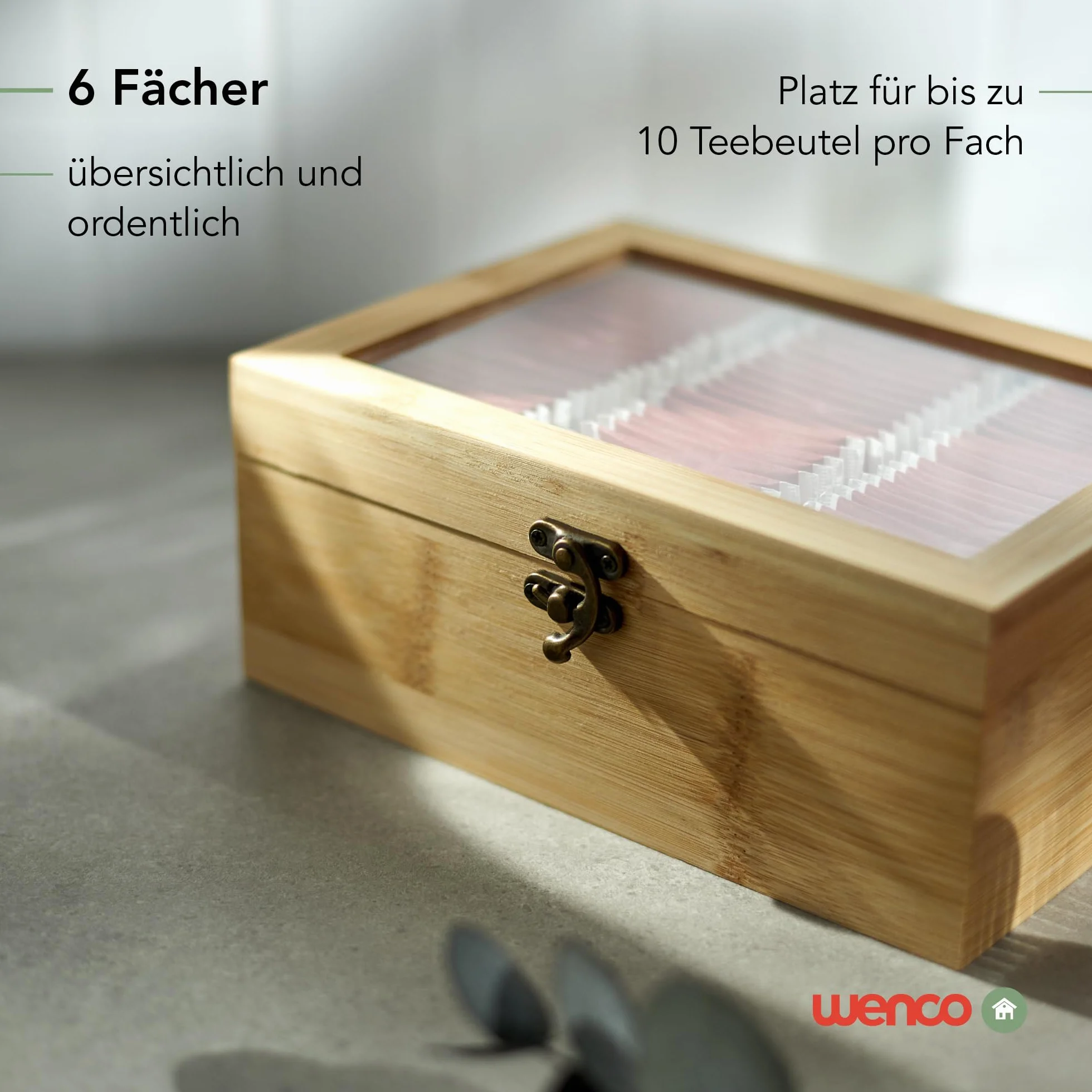 wenco Pudełko na herbatę premium z 6 przegródkami, 21,7 x 16 x 9 cm, bambusowe, jasnobrązowe