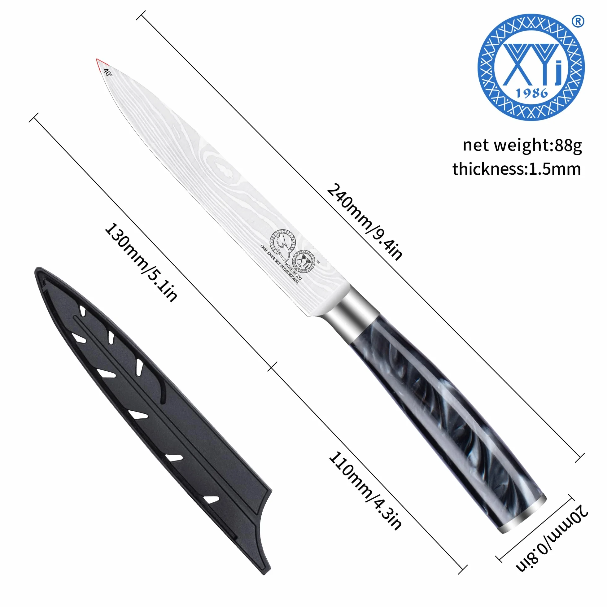 XYJ Authentic Since 1986,5 Inch Stainless Steel Kitchen Utility Knife,Ultra Sharp,Laser Damascus Pattern Japanese Kitchen Knife, Meat Cleaver Steak Cutting Knife With Sheath,Resin Handle
