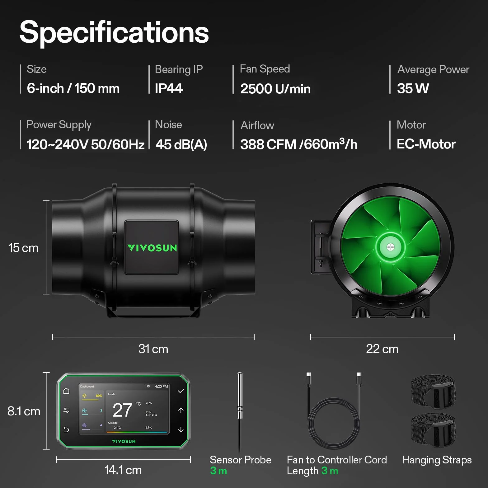 VIVOSUN AeroZesh G6 inteligentny wentylator rurowy, 150 mm, 660 m³/h, z silnikiem EC i regulatorem GrowHub E42A+ VPD, zdalne sterowanie przez WiFi/aplikację, wentylator do uprawy roślin, do uprawy