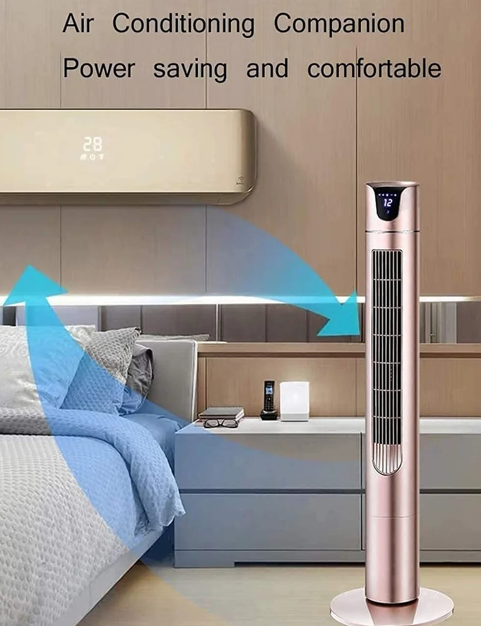 MU Home, biuro, timer 8 h, elektryczny cichy wentylator z diodami LED, 3 prędkości nawiewu, 3 tryby pracy, przenośny, do sypialni, wentylator wieżowy, bezblasiowy wentylator stojący, oscylujący