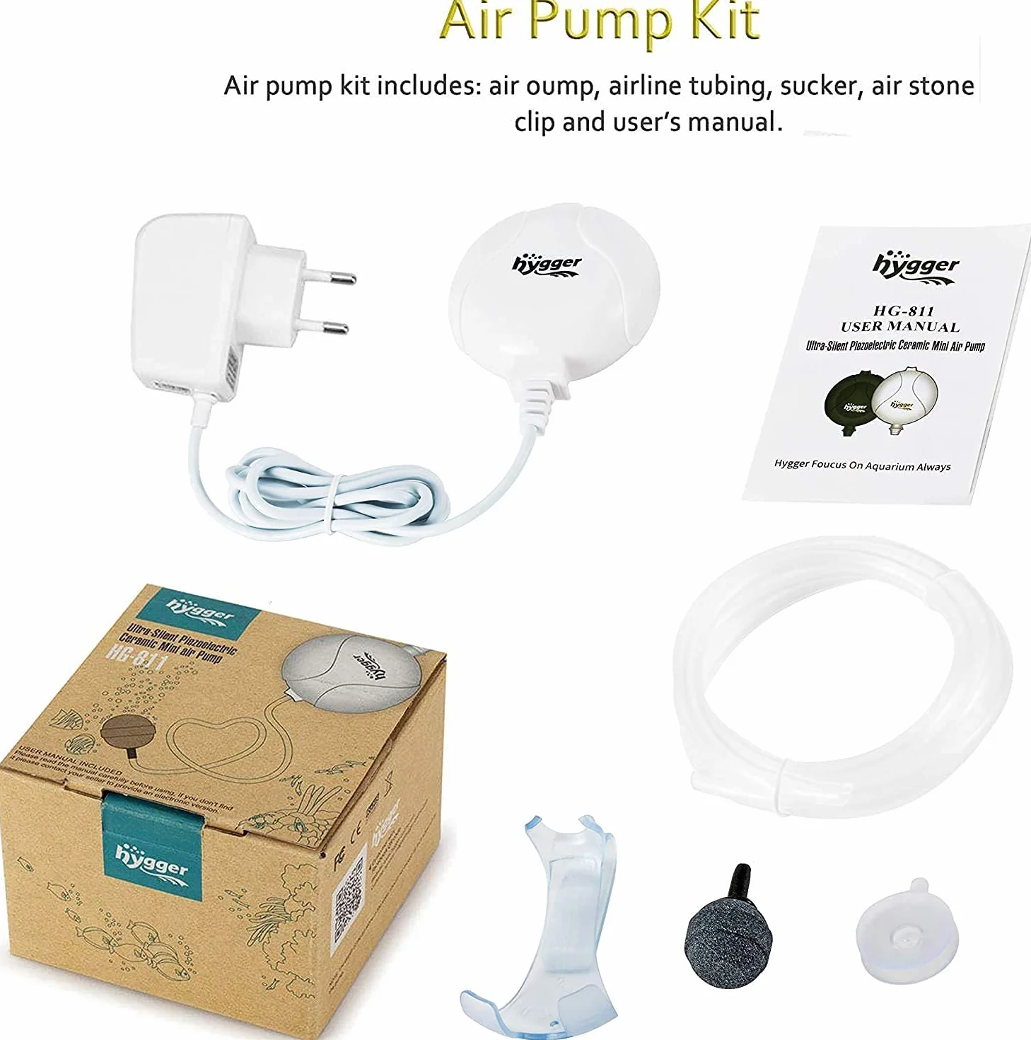 hygger Pompa tlenowa do akwarium, bardzo cicha pompa powietrza do akwarium, poziom hałasu niższy niż 33 dB, 1,5 W, wydajna pompa tlenowa 420 ml/m, nadaje się do basenów rybnych i nanoakwariów