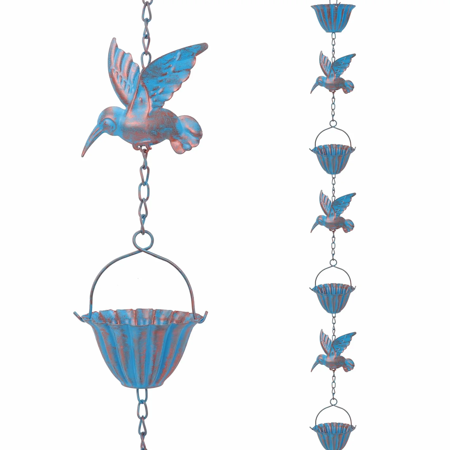 Łańcuch przeciwdeszczowy z kolibrem, 2,4 m, metalowy łańcuch spustowy w kolorze retro, 7 ptaków i 7 filiżanek, łańcuch przeciwdeszczowy Hummingbird, metalowy łańcuch przeciwdeszczowy do rynien