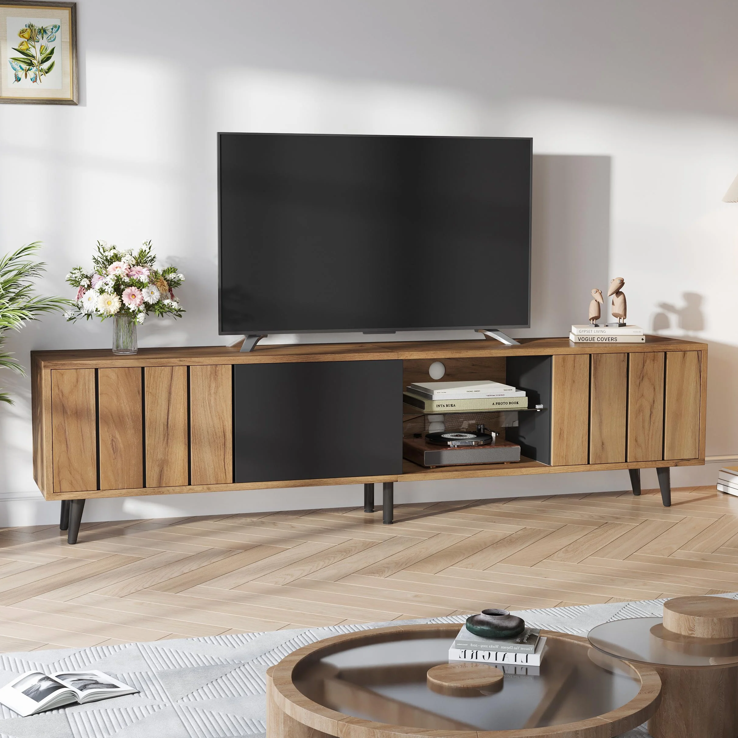 175 x 31,5 x 45 cm szafka pod telewizor do salonu, szafka TV z 3 szafkami, prosta szafka do salonu z oryginalnym kolorem drewna + czarny splot, pasuje do telewizorów o przekątnej ekranu 75"
