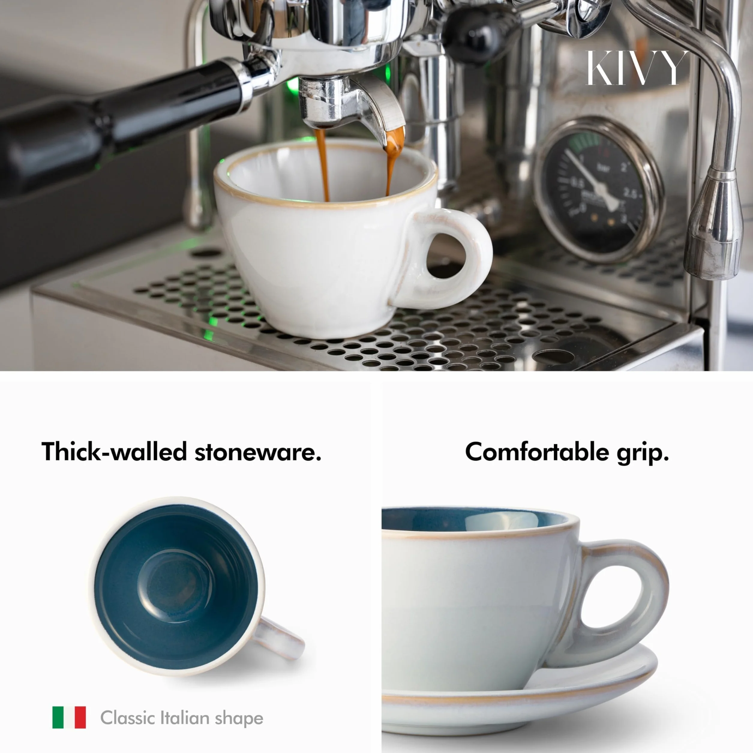 KIVY Filiżanki do cappuccino o grubych ściankach [4 x 180 ml] – ręcznie wykonane filiżanki z kamionki – filiżanki do kawy ze spodkami – filiżanki do cappuccino szare niebieskie – duże filiżanki do