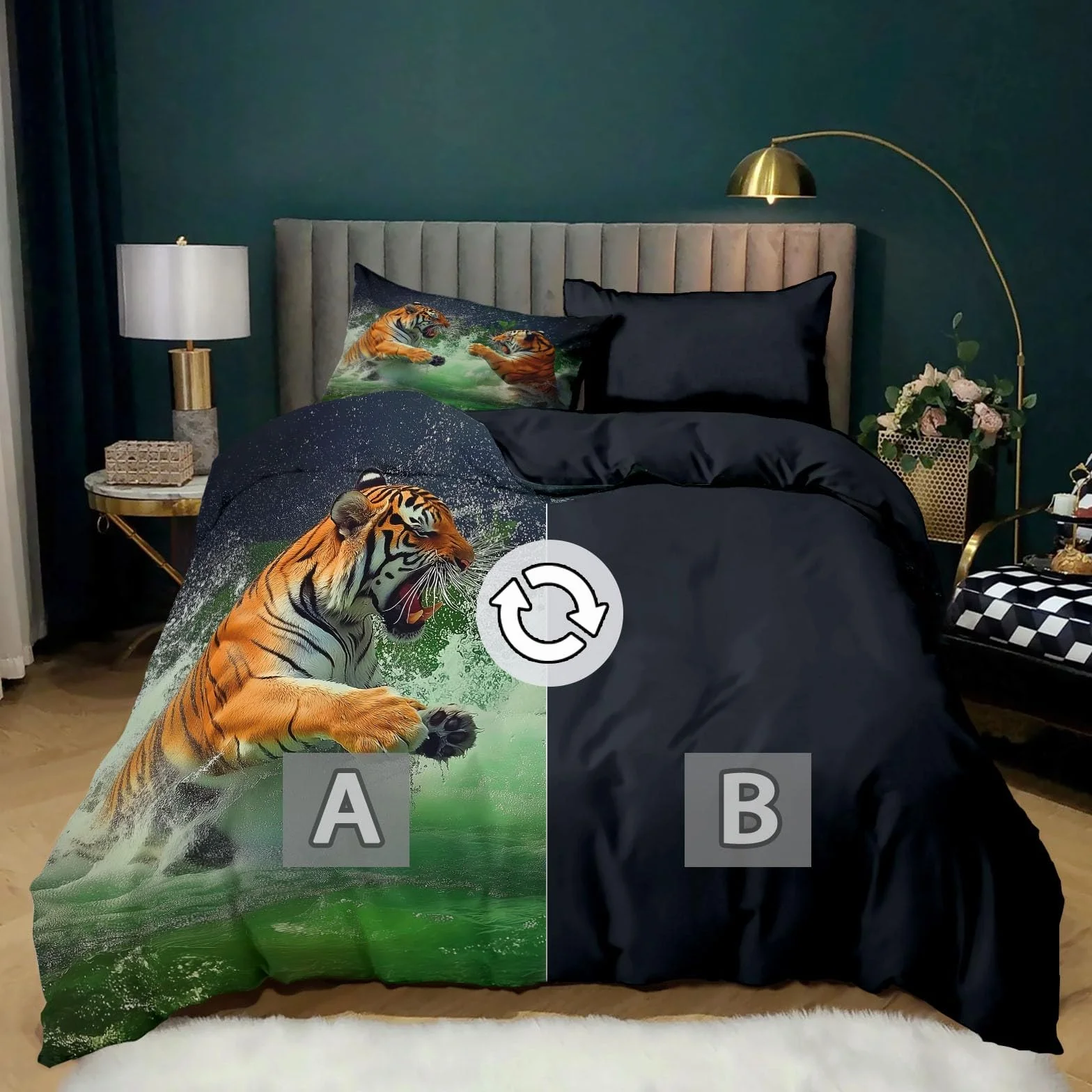 Générique Zielona poszwa na kołdrę 220x240 cm Zestaw pościeli z krajobrazem leśnym, tygrys zwierzę odwracalna wodospad poszwa na kołdrę - miękka i oddychająca antyalergiczna pościel z 2 poszewkami na