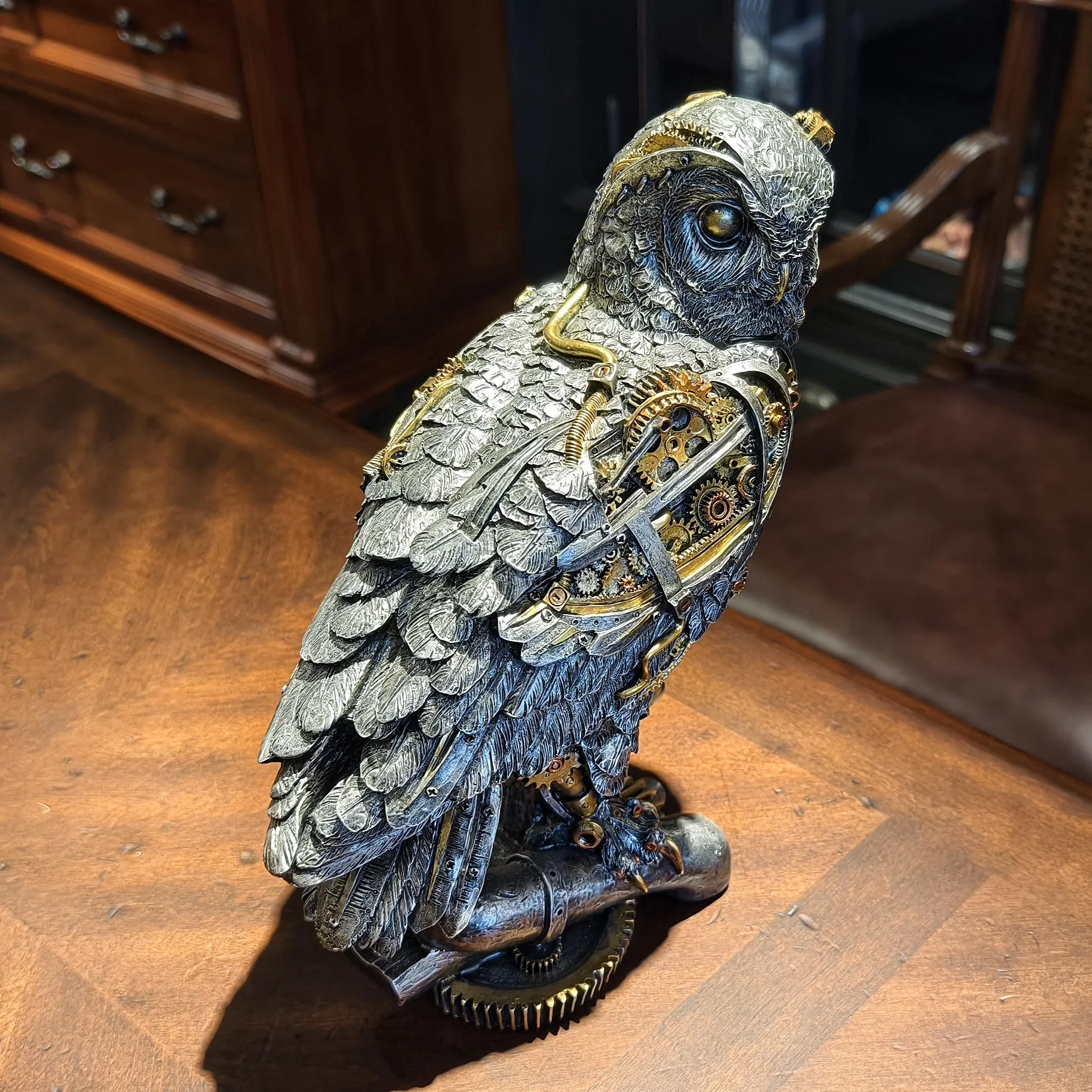 OUTOUR Steampunk Sowa Statua 39 cm H Metaliczny Srebrny Złoty Gotycki Kolekcjonerska Figurka Zwierząt Mądrość Prezent Sowa Rzeźba Dom Biuro Wystrój Salon Blat Wyświetlacz