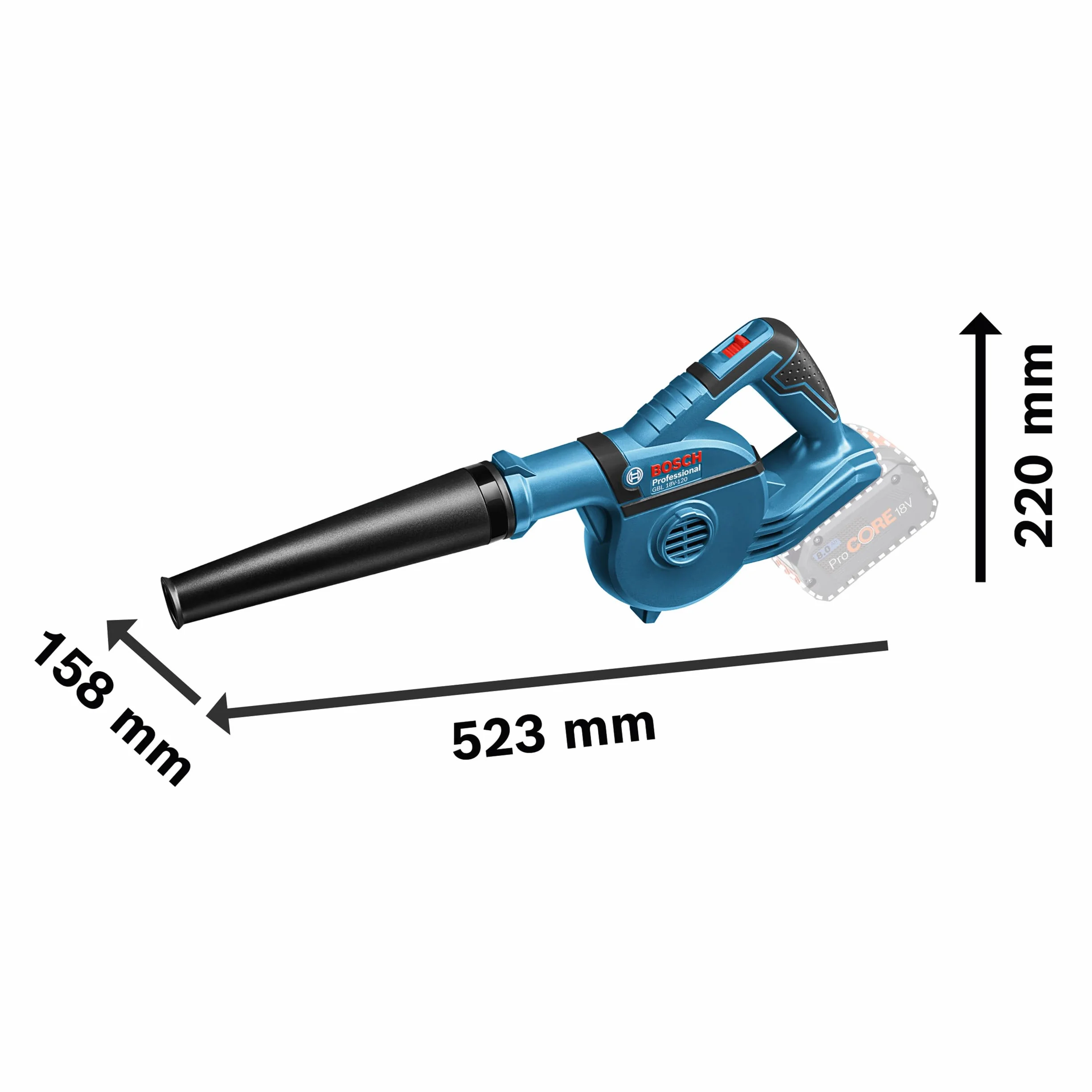 Bosch Professional system 18V: akumulatorowa dmuchawa GBL 18V-120 (prędkość przepływu powietrza do 270 km/h)