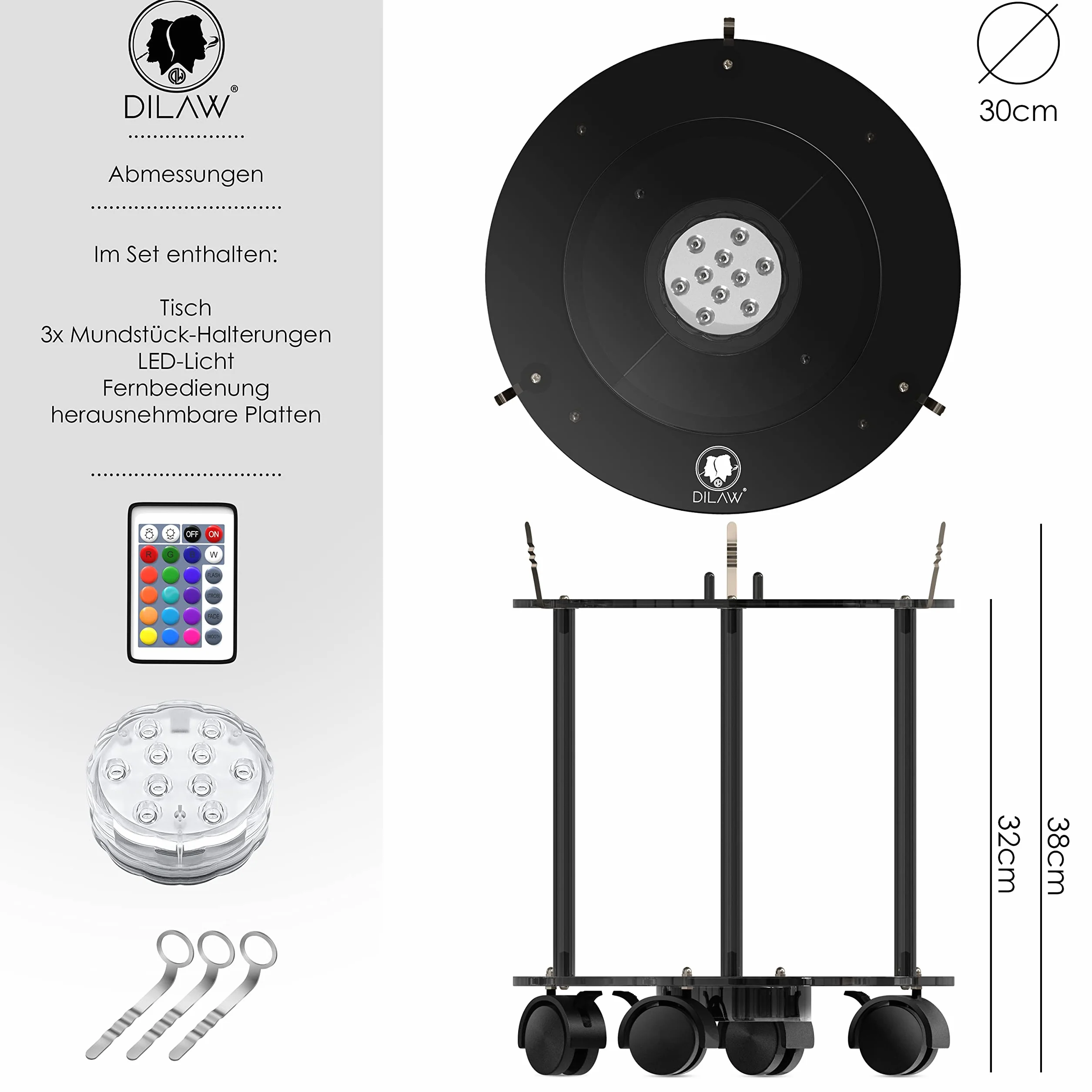 DILAW® Stół do sziszy klasy premium, kompletny zestaw łącznie z podstawkami LED, z 3 uchwytami na wąż, nadaje się do użytku wewnątrz i na zewnątrz, wykonany z wysokiej jakości akrylowego szkła