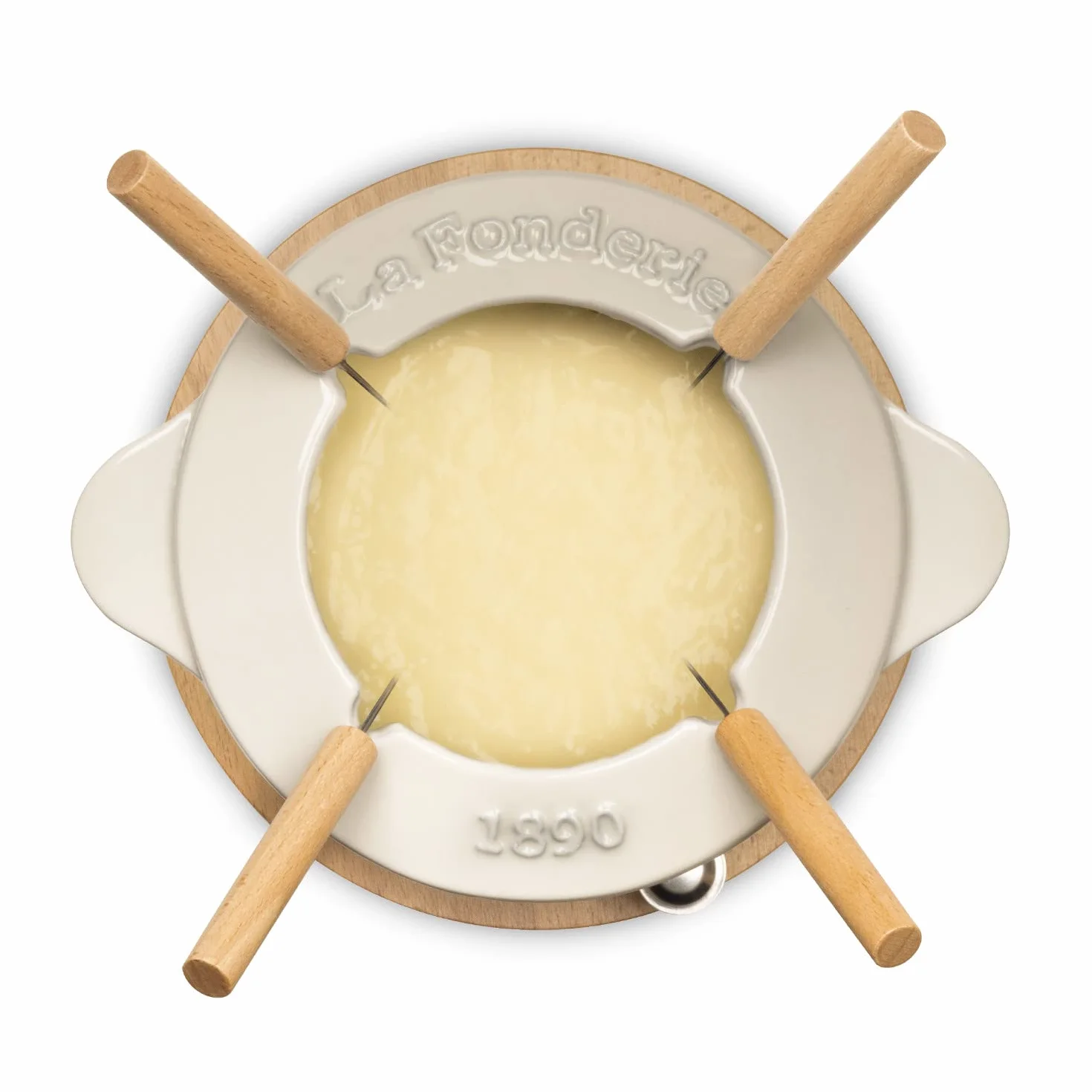 Zestaw żeliwnych Fondue dla 4 osób Mount Joly, do sera i czekolady, pokrywa zapobiegająca rozpryskiwaniu, 4 widelce z uchwytami z drewna bukowego, pojemność 1,2 l