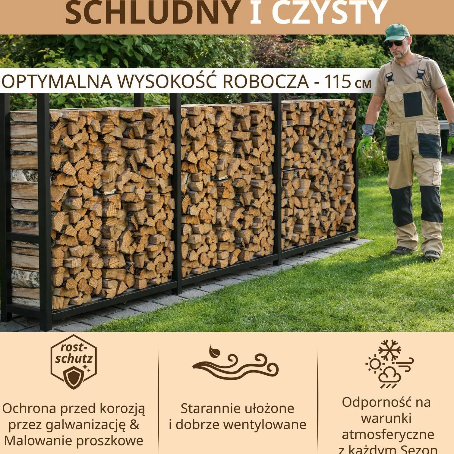 Regał na drewno opałowe, zewnętrzny, wąski, 25 cm, ocynkowany, 335 x 25 x 115 cm, metalowy regał na drewno opałowe, długość 25 cm i 33 cm, kolor czarny, XXL, stojak do
