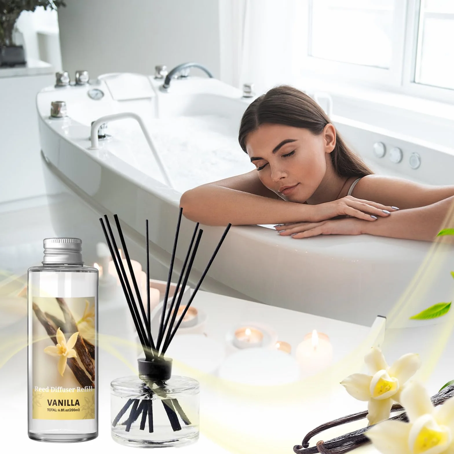 SCENTORINI Wkład do dyfuzora zapachowego Wanilia, 200ML Aromatyczny środek odświeżający do domu, Pałeczki zapachowe do sypialni, łazienki, biura i dekoracji wnętrz