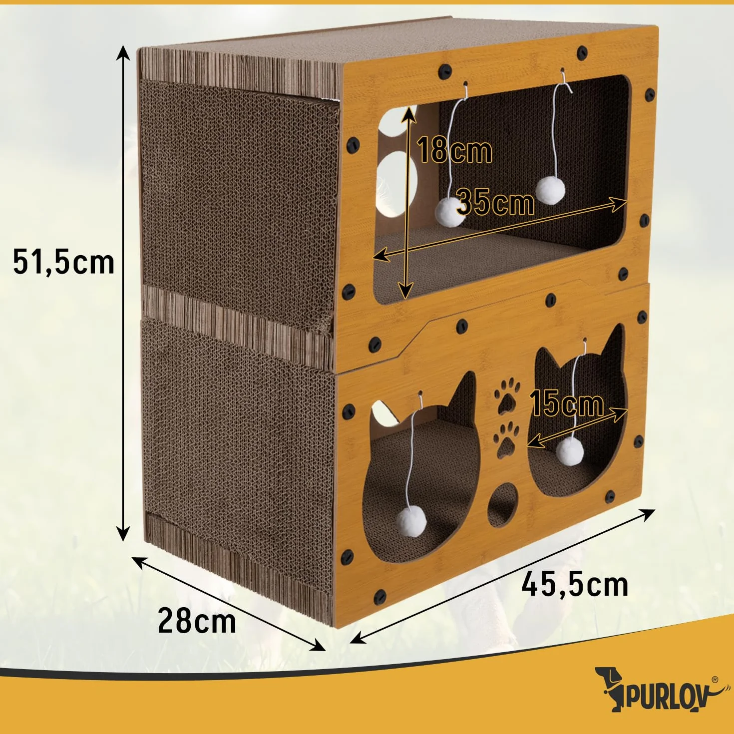 Purlov Drapak dla kotów 3 w 1 z 2 poziomami HDF tektura falista meble do drapania miejsce do spania dla 1-2 kotów 51,5 × 45,5 × 28 cm