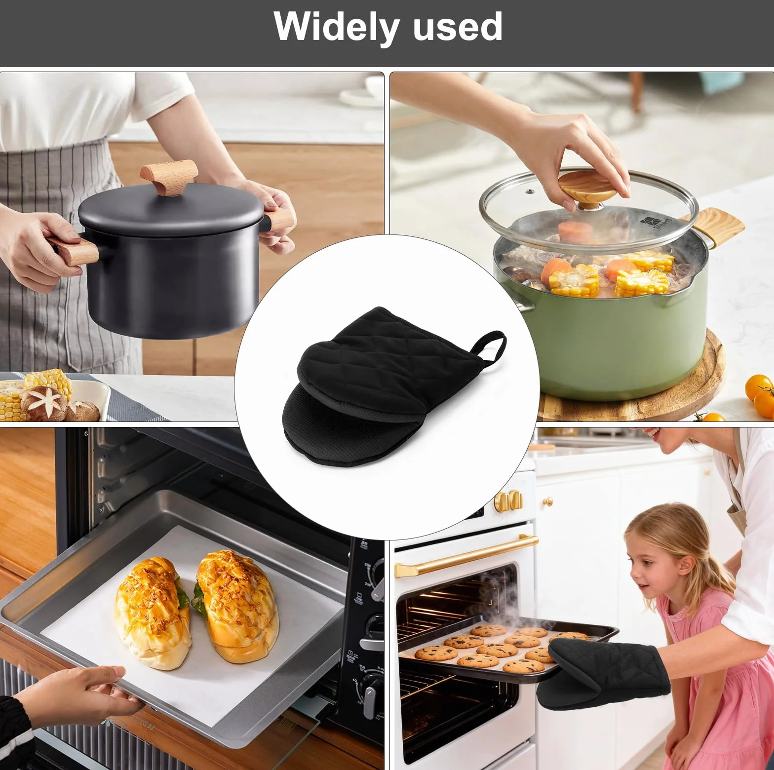 Zestaw 2 szt. Pot Holder Glove 230°C, silikonowe, w zestawie 2 haczyki ścienne do kuchni, łapki do garnków, krótki fason, z antypoślizgową powierzchnią i oczkiem do zawieszania – rękawice