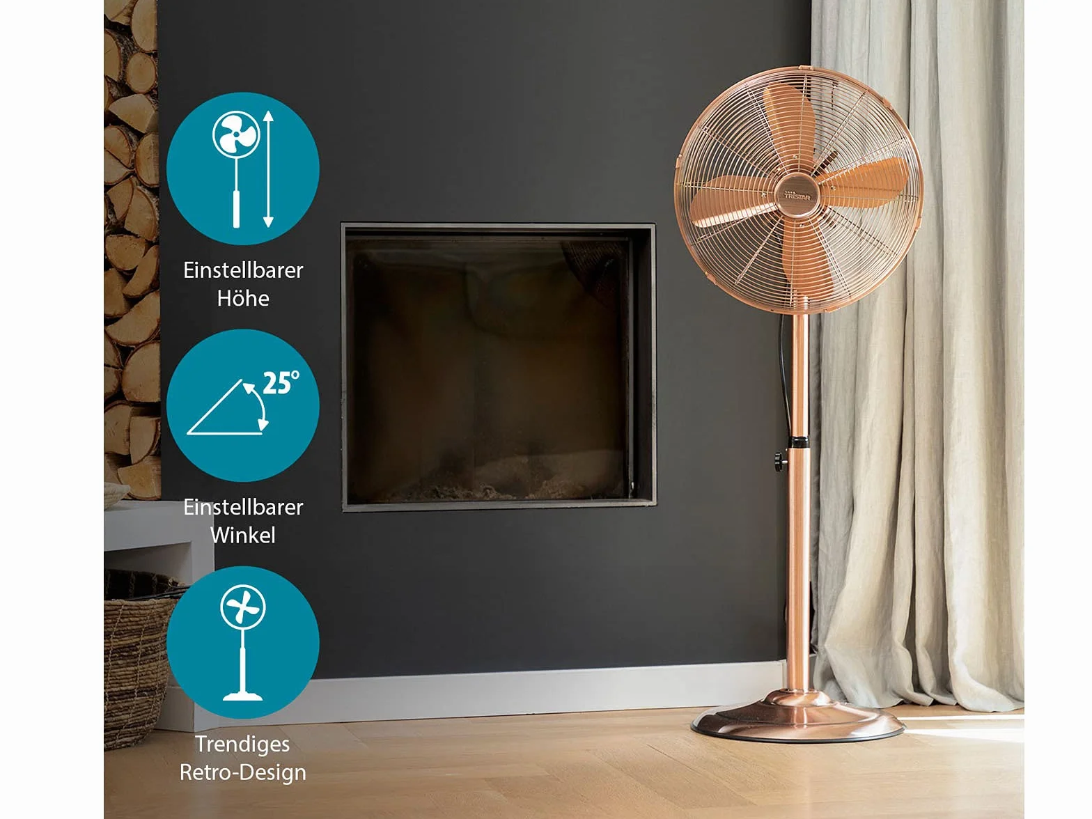 Tristar VE-5971 wentylator stojący – średnica 40 cm – 3 prędkości – 50 W – regulacja wysokości – wygląd miedzi