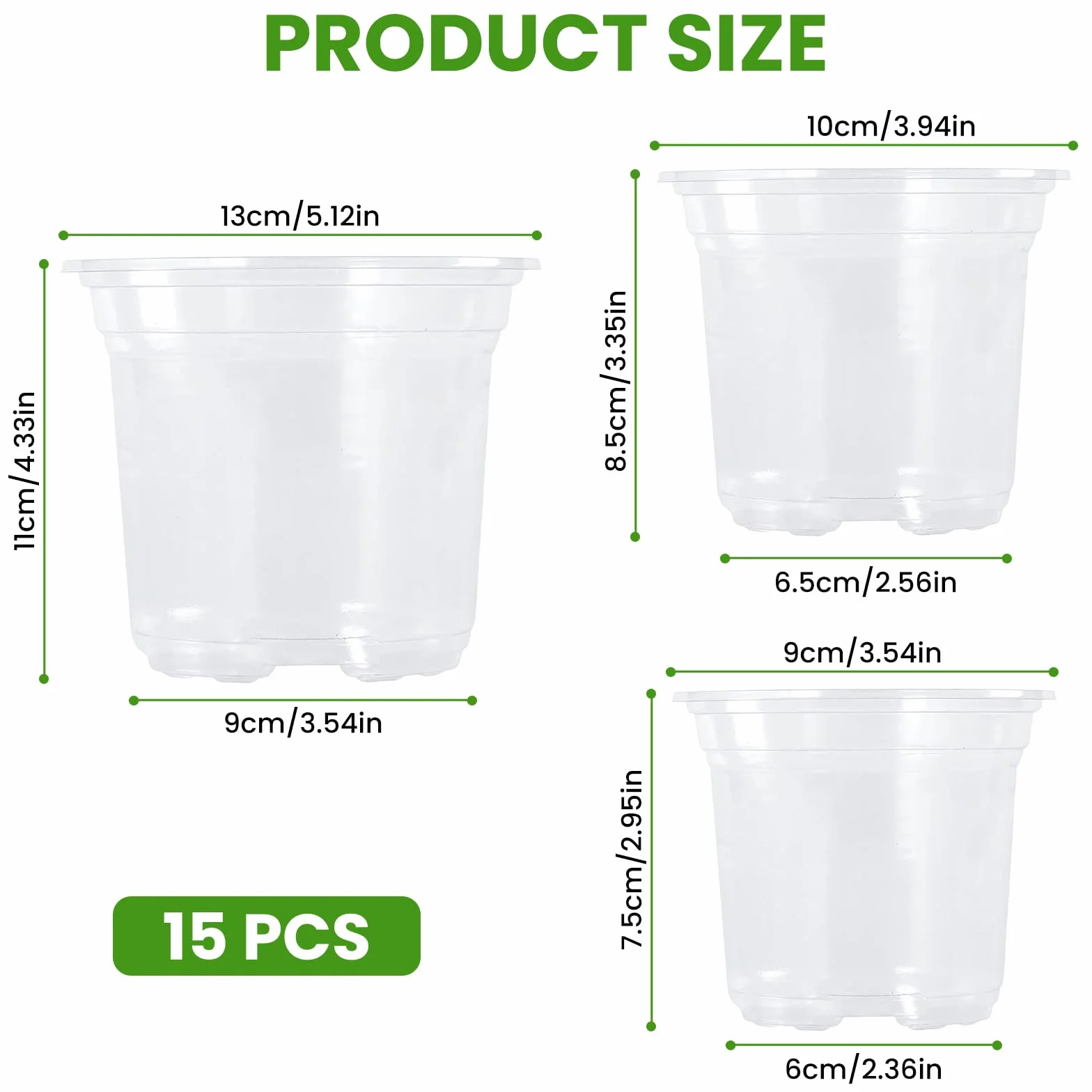 15 Plastikowych Doniczek Do Sadzonek – Przezroczyste Pojemniki Do Uprawy z Otworami Drenażowymi, 3 Rozmiary (9/10/13 Cm), Odpowiednie Dla Kaktusów i Sukulentów (15)