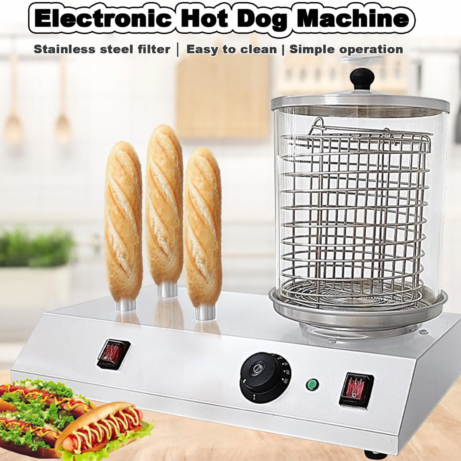 Elektryczna maszyna do robienia hot dogów, 458W, komercyjna maszyna do podgrzewania pieczywa kiełbasianego, z bułką, do restauracji i dla rodzin