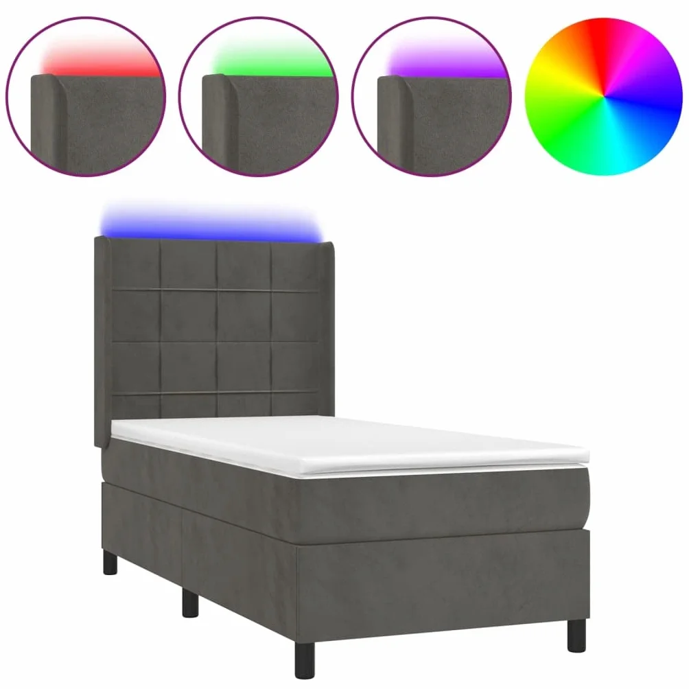 aksamitne LED regulowany zagłówek 100x200 cm szary | Łóżko kontynentalne szary aksamit 100x200cm z materacem sprężynowym i LED do sypialni