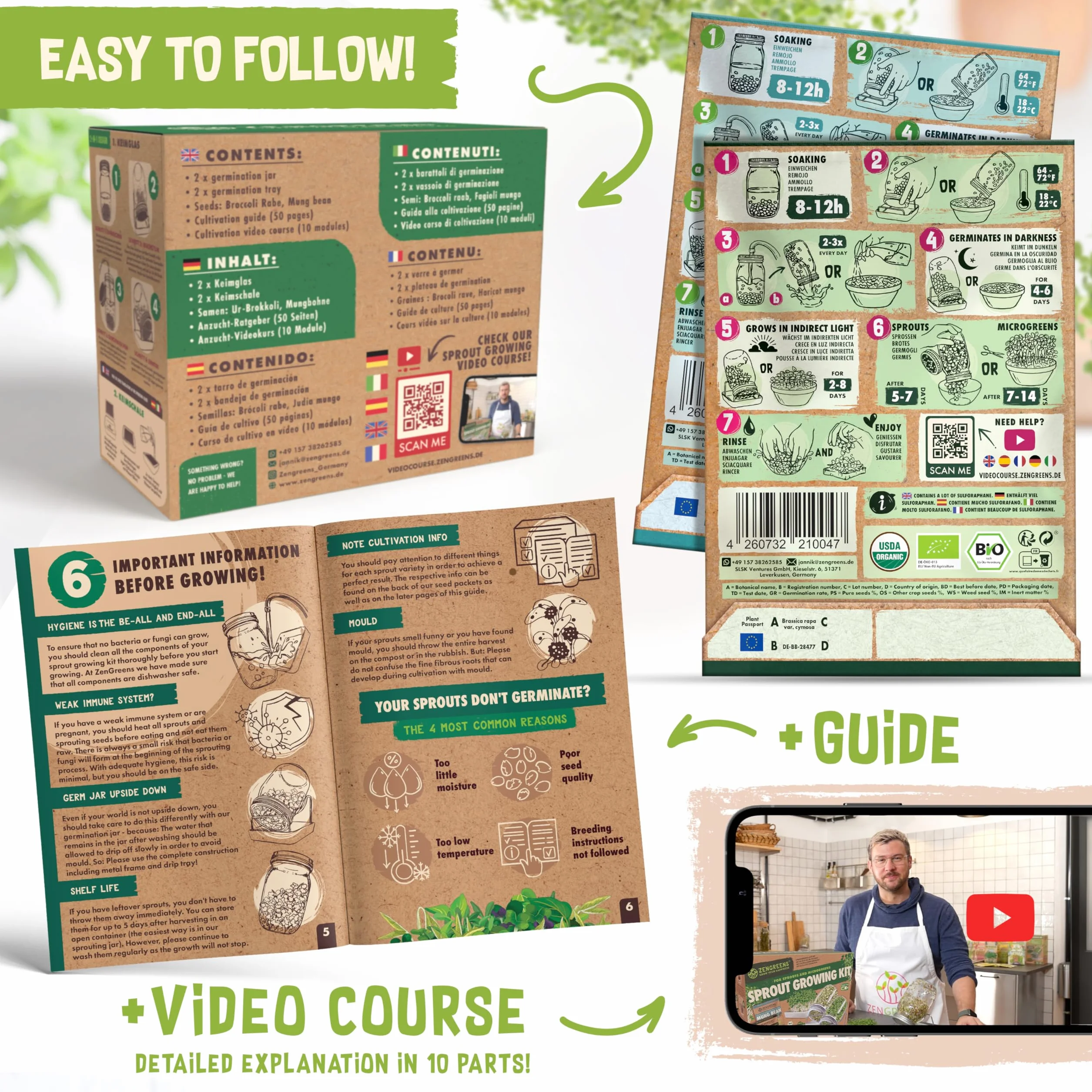 ZenGreens® Eko zestaw do uprawy kiełków – Słoik do kiełkowania, zestaw 1, 2 lub 3 szt. – Zawiera słoik, tackę do uprawy i nasiona na kiełki – w zestawie poradnik oraz kurs wideo online