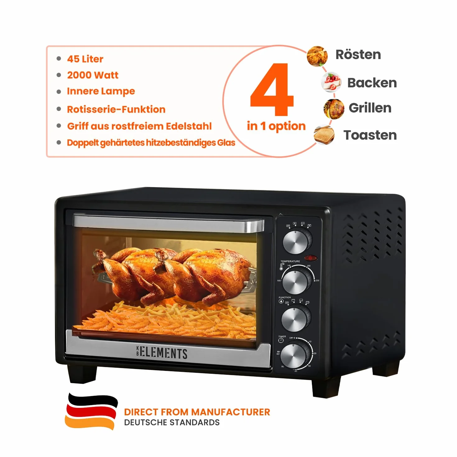 KB-Elements Mini piekarnik, 45 l, 2000 W, konwekcyjny piec do pizzy, elektryczny wiszący grill, kempingowy rożen obrotowy
