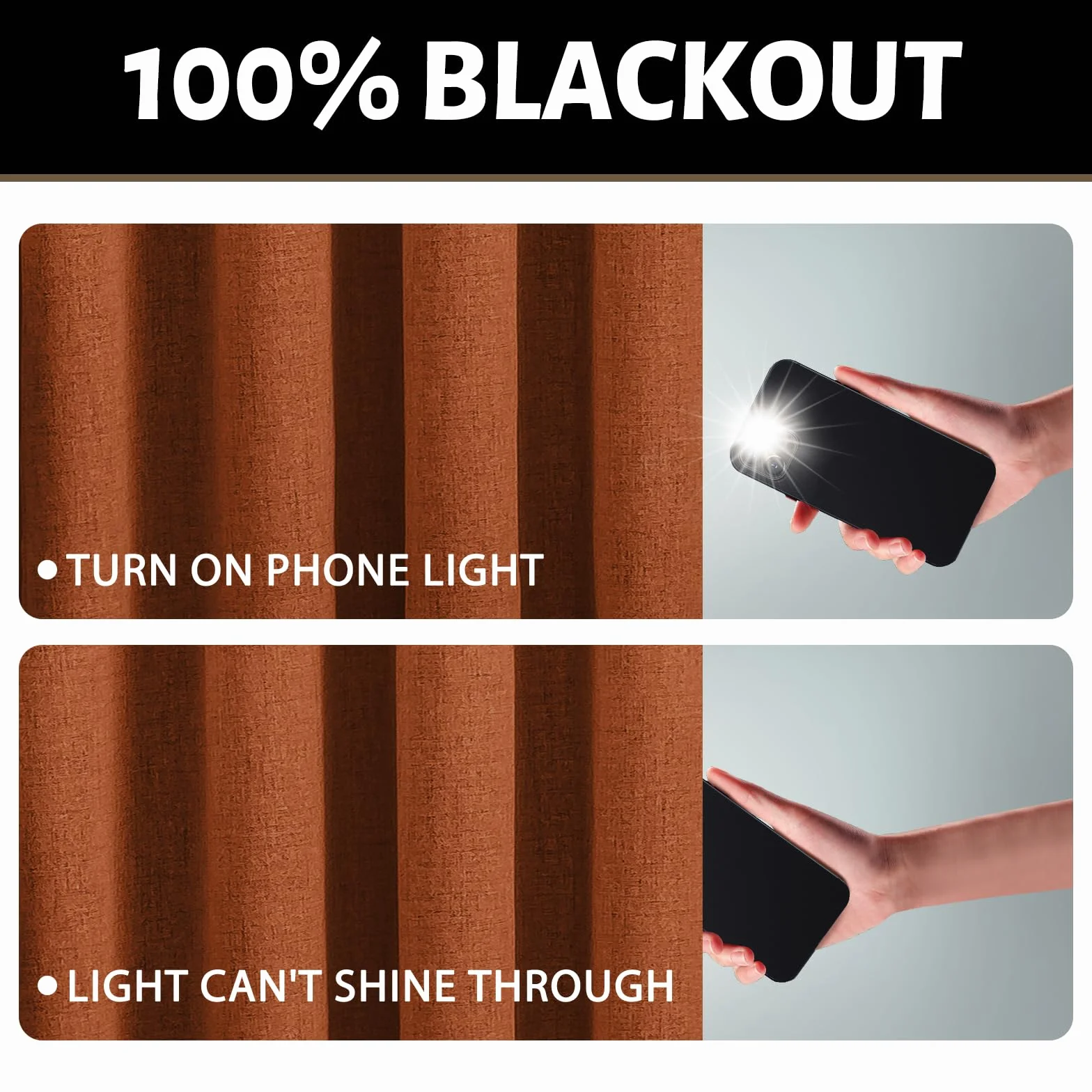 Yakamok Burnt Orange lniane zasłony 100% zaciemniające, 244 cm długości, zasłony zaciemniające do salonu, termiczne przelotki do sypialni, 2 panele z białą wyściółką