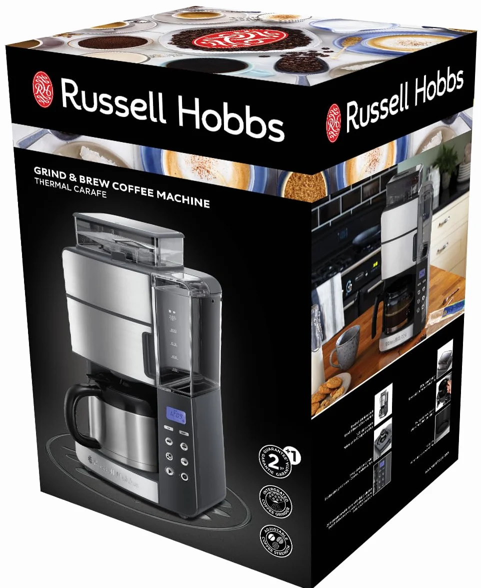 Russell Hobbs ekspres do kawy, wbudowany młynek, regulacja mocy zaparzenia kawy, timer, podtrzymywanie temperatury, dzbanek termiczny, pojemność 1,25l, moc 1000W, czarny-stalowy, Grind&Brew 25620-56