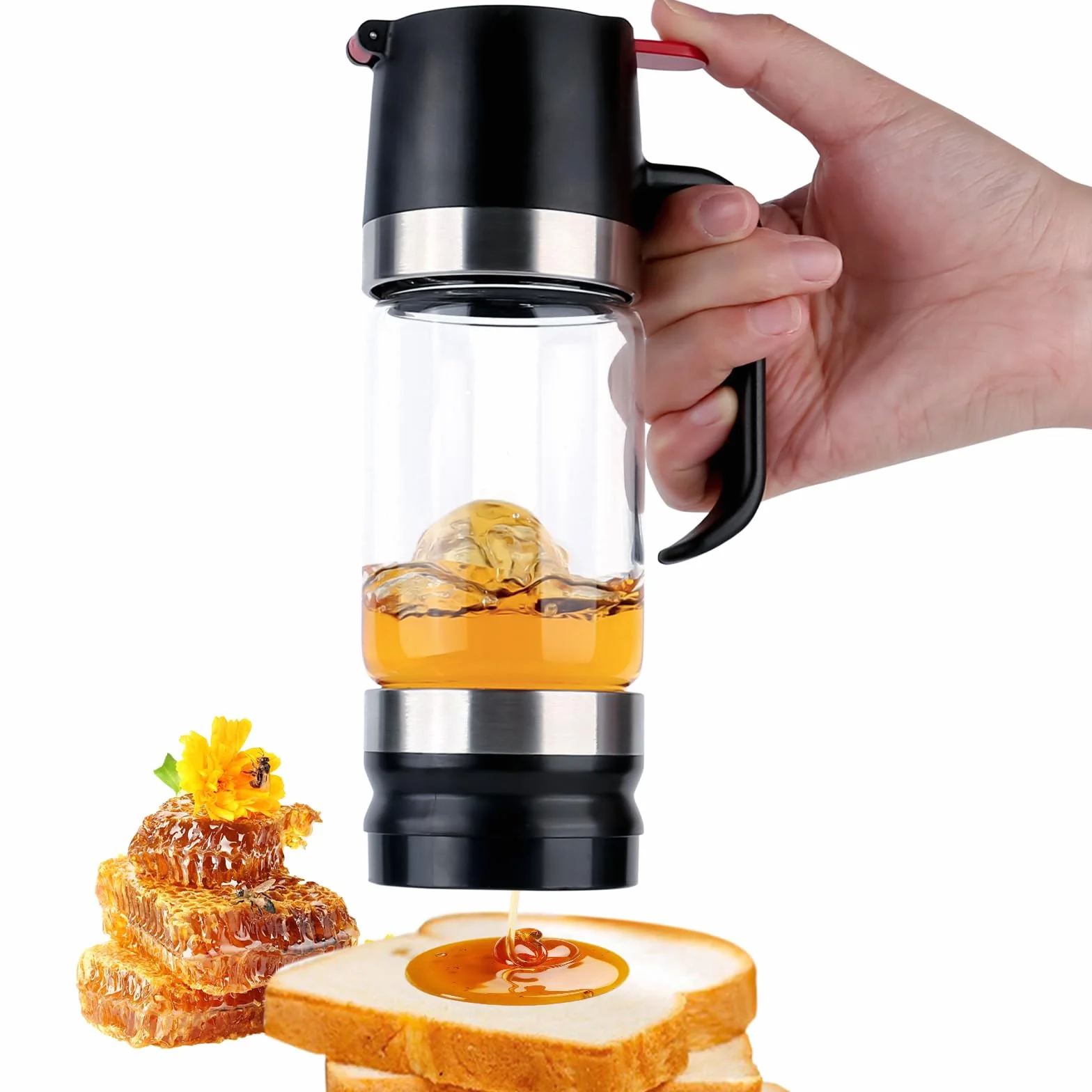 Dozownik miodu ze szkła zapobiegającego kapaniu, dozownik na miód z pompką, dozownik na miód 300 ml, uchwyt na miód (czarny)