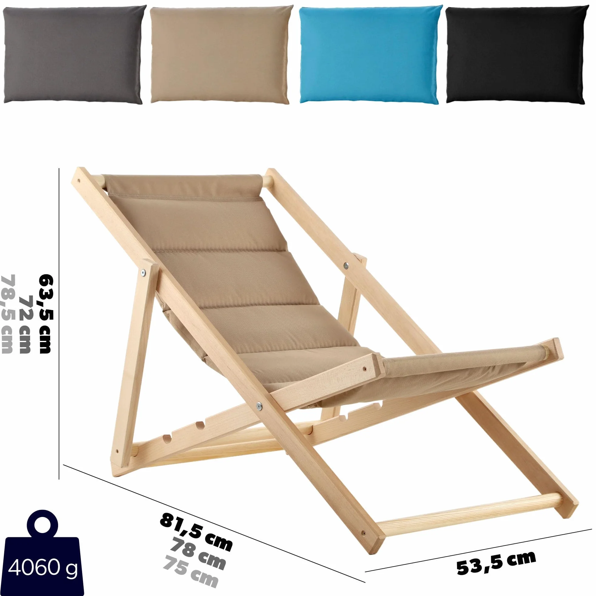 KADAX Leżak drewniany nośność 120 kg cappuccino, bukowy stelaż składany, z zagłówkiem, wygodny wypoczynek na plaży, tarasie i balkonie
