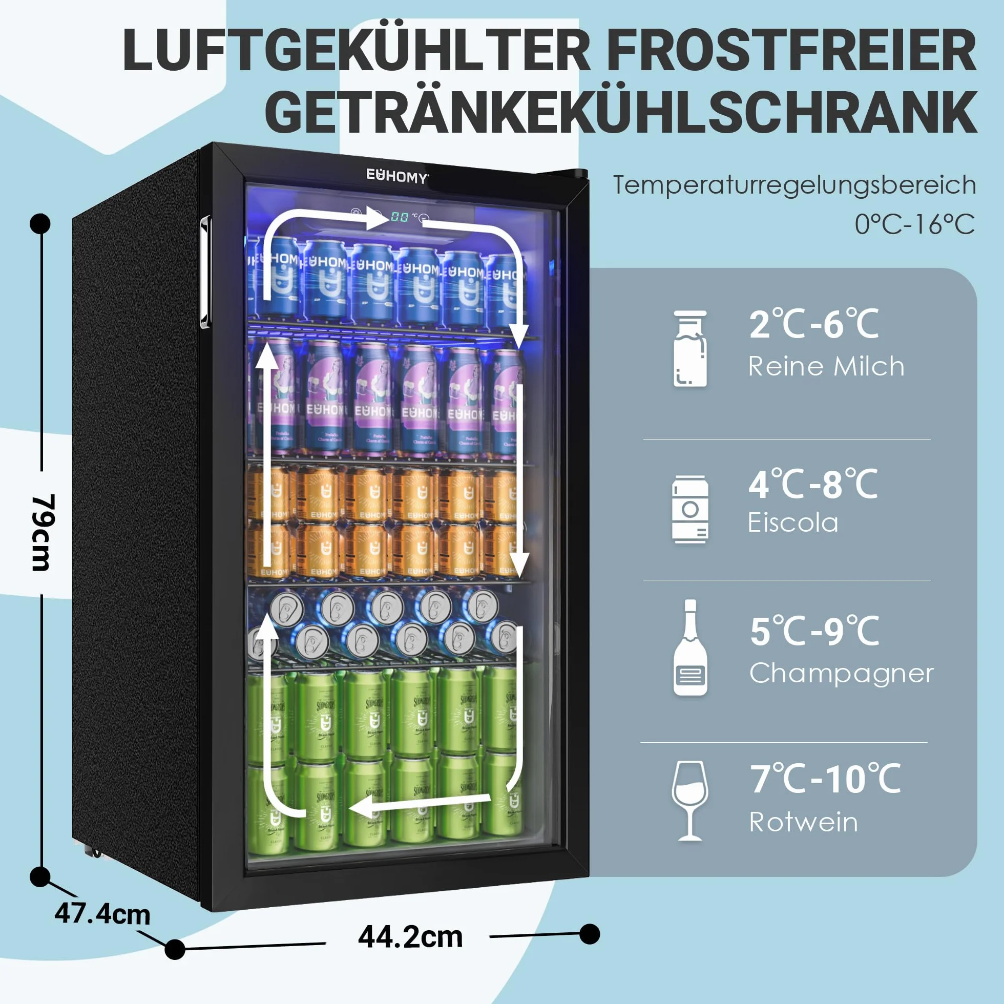 EUHOMY Lodówka na napoje, mini lodówka na 126 puszek ze szklanymi drzwiami, mała lodówka z regulowanymi półkami na lemoniadę, piwo lub wino, do domu/baru/biura, czarna, stal nierdzewna