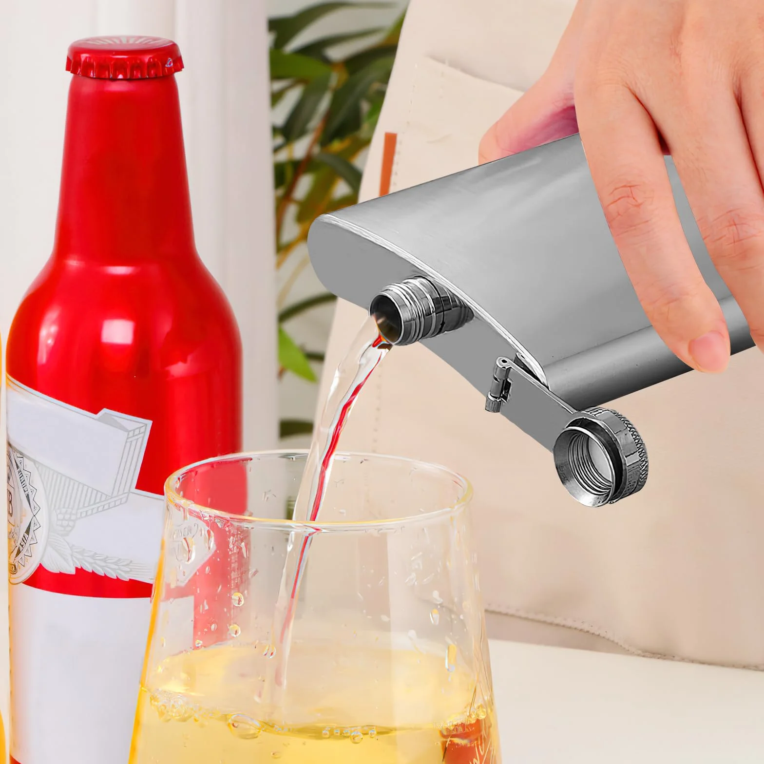 Piersiówka ze stali nierdzewnej 304, 225 ml i zestaw lejków, szczelna piersiówka do przechowywania alkoholu, ze stali nierdzewnej, dla mężczyzn i kobiet (srebrna)