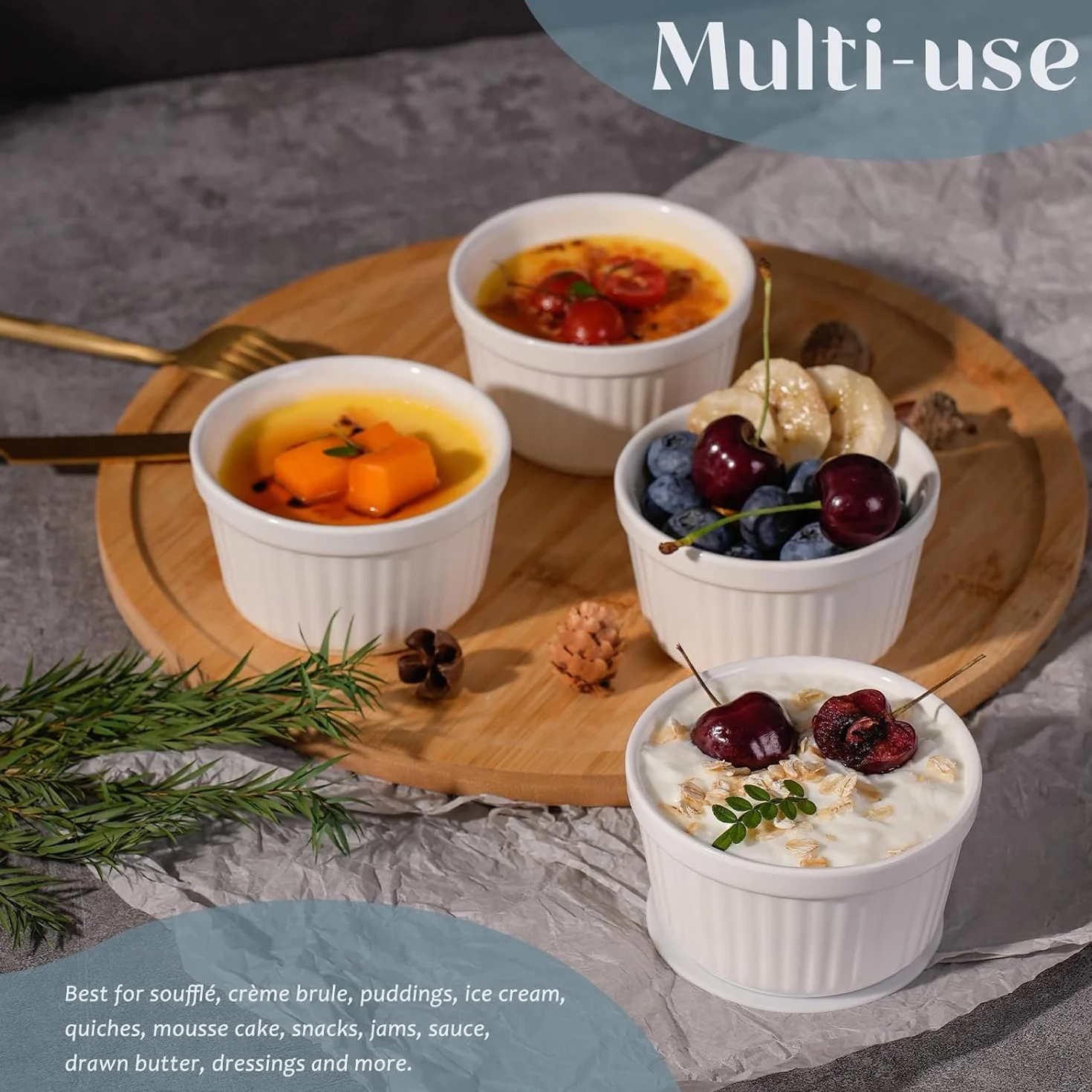 Ramekins zestaw 6 sztuk, 200 ml - 7 oz, porcelanowe ramekiny, ceramiczne naczynia do sufletu, ramekiny odporne na piekarnik, naczynie do crème brûlée 9 cm do ciast, puddingu, lodów i sosów