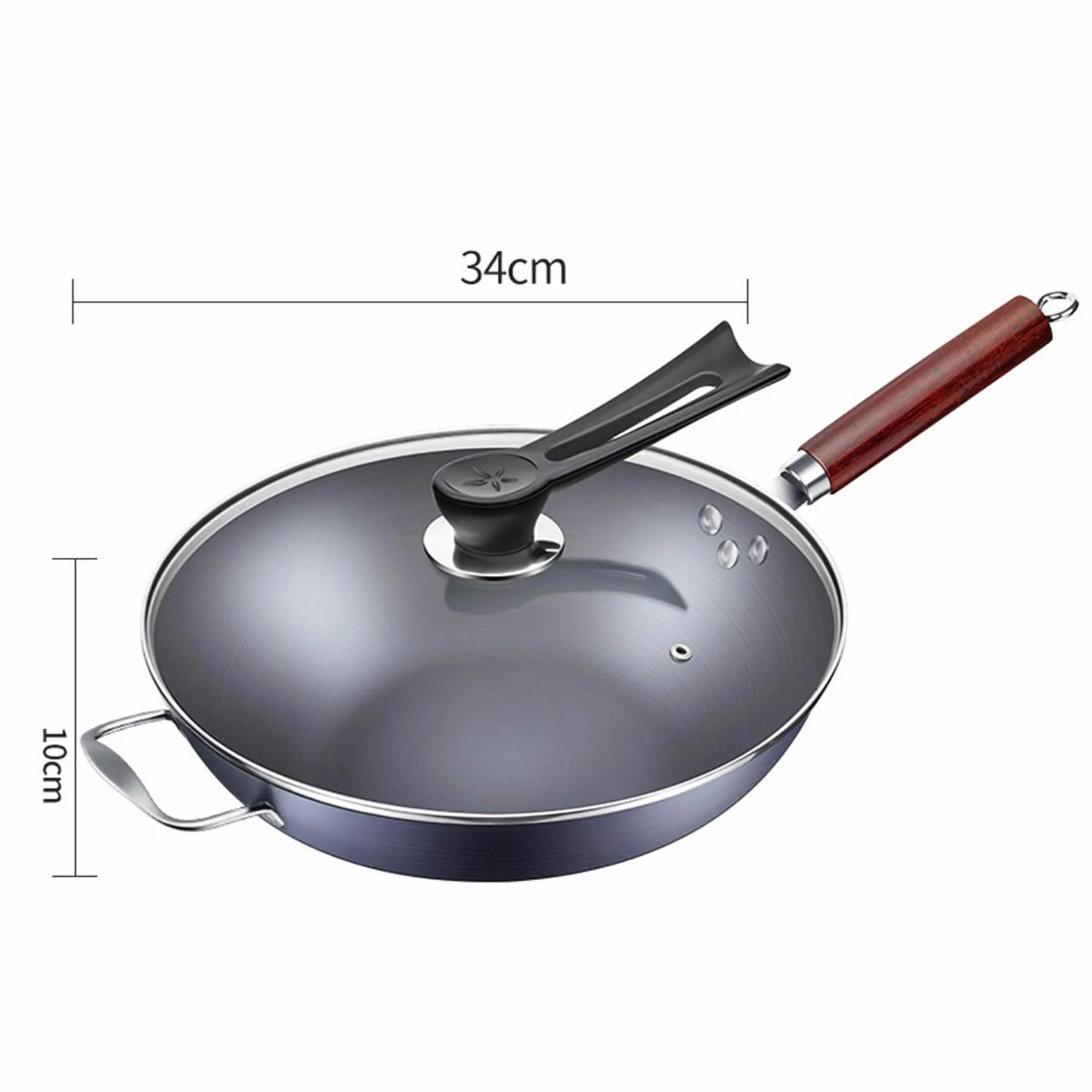 Wok żeliwny, nieprzywierająca patelnia z pokrywką i drewnianym uchwytem, idealna do gotowania indukcyjnego, elektrycznego, gazowego, naczyń kuchennych 32 cm