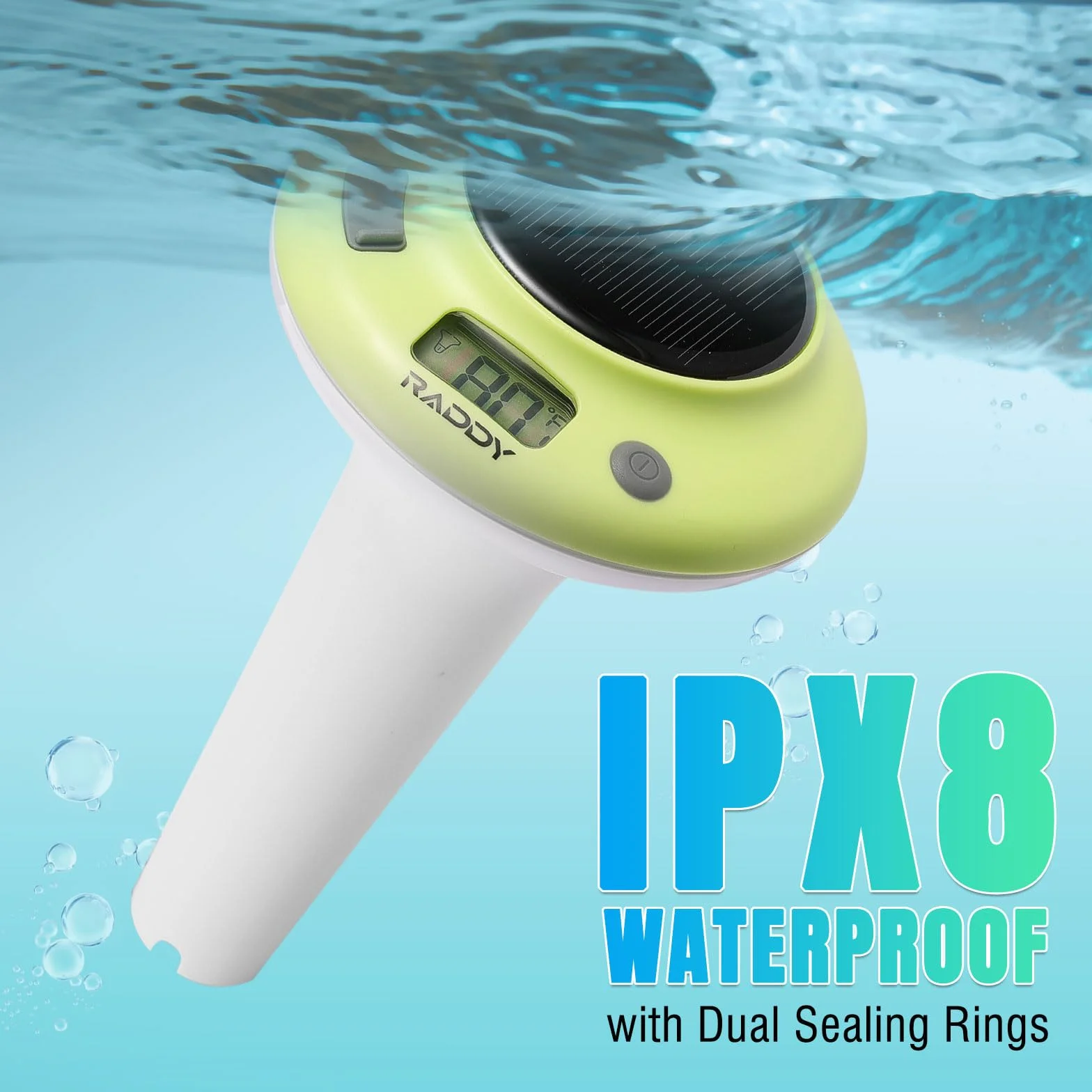 Raddy PT-5 Solar Pool Thermometer Pływający, Termometr o wysokiej dokładności, Łatwy do odczytania, IPX8, Zasilany energią słoneczną i baterią do basenów, jacuzzi, stawów, kąpieli lodowych