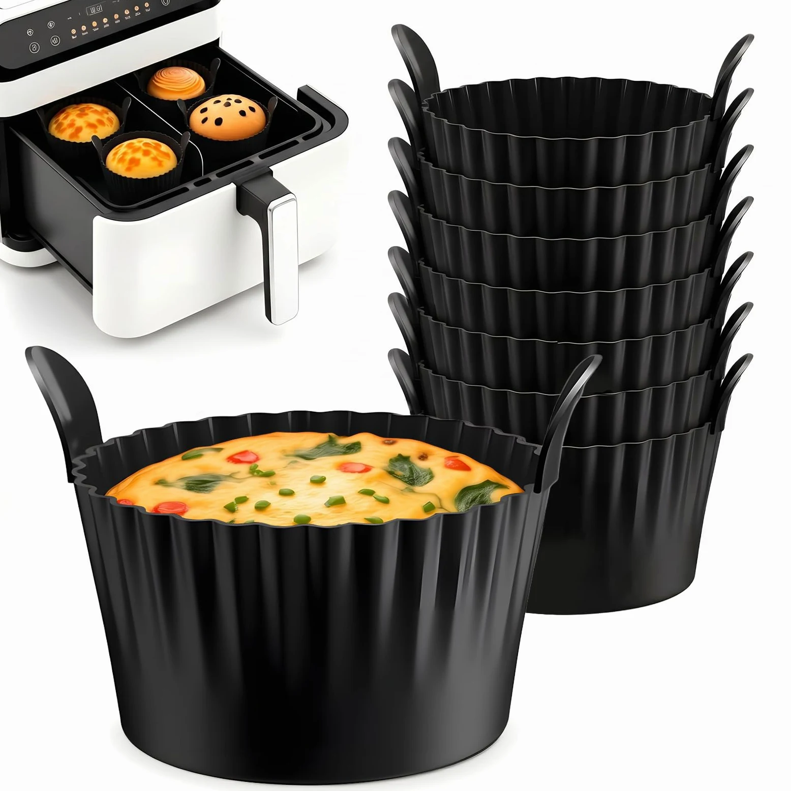 Zestaw 8 silikonowych foremek do muffinek Airfryer z uchwytami, silikonowa forma do muffinek do frytkownicy powietrznej, nieprzywierające foremki do zapiekanek do frytkownicy powietrznej, piekarnika i