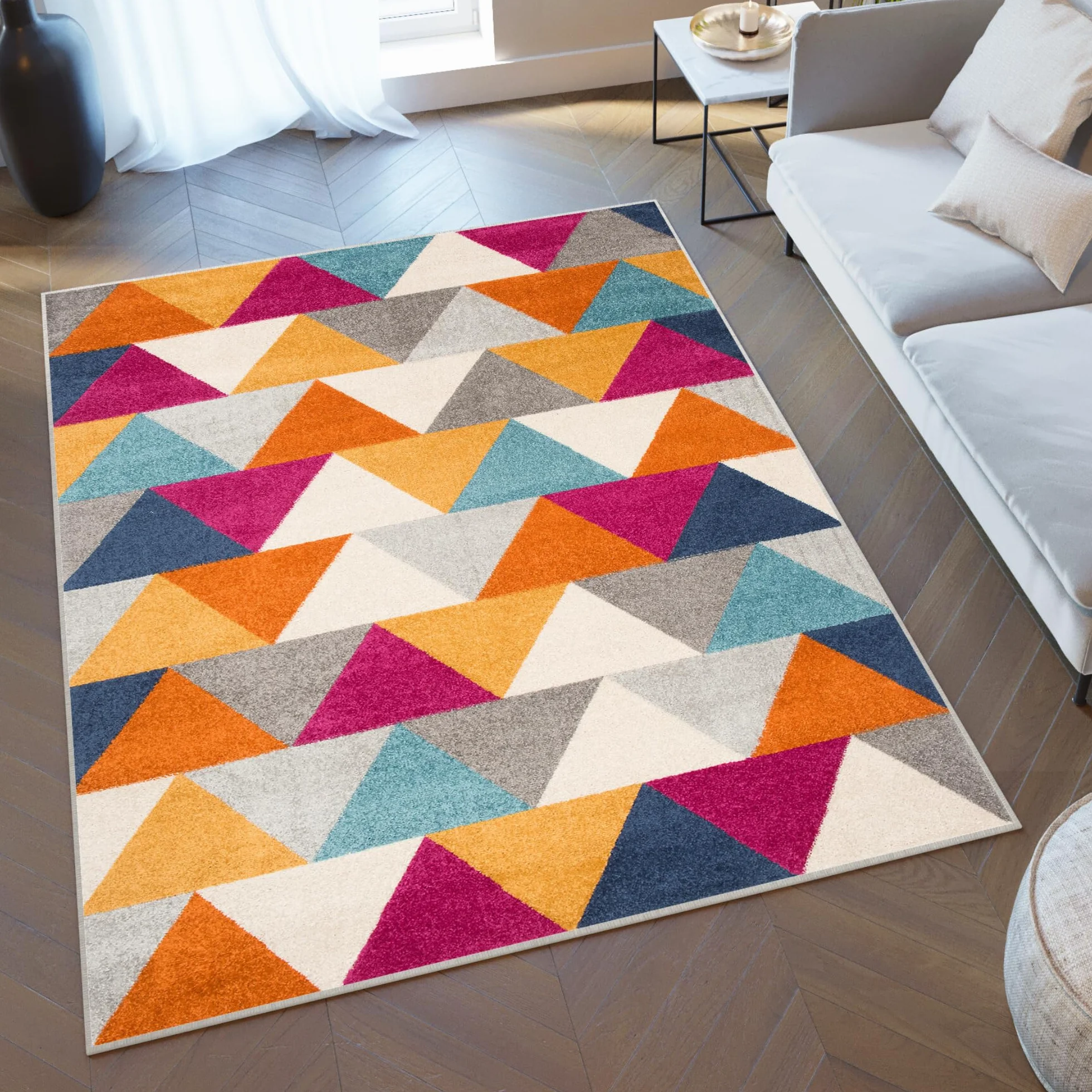 Tapiso LAZUR dywan do salonu, krótkie runo, nowoczesny, geometryczny trójkąt szary, kremowy, niebieski, czerwone wino, pomarańczowy, żółty, do pokoju młodzieżowego, sypialni, Ökotex 240 x 330 cm