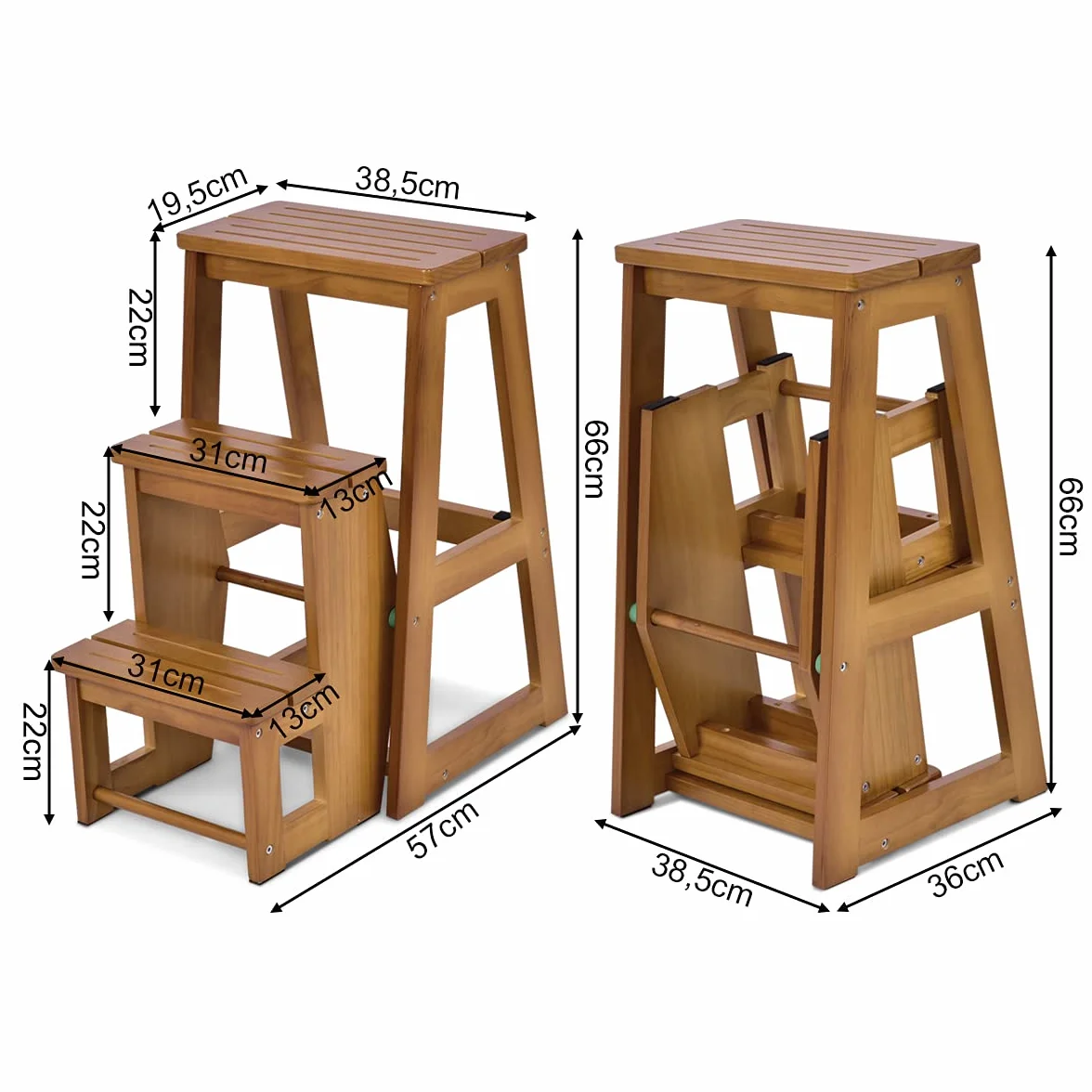 COSTWAY Drabinka taboret, 3 stopnie, krzesło drabinowe, składane krzesło do 150 kg, wysokość 66 cm, drabina z litego drewna, drabina do gospodarstwa domowego, pomoc przy wchodzeniu dla konia (natur)