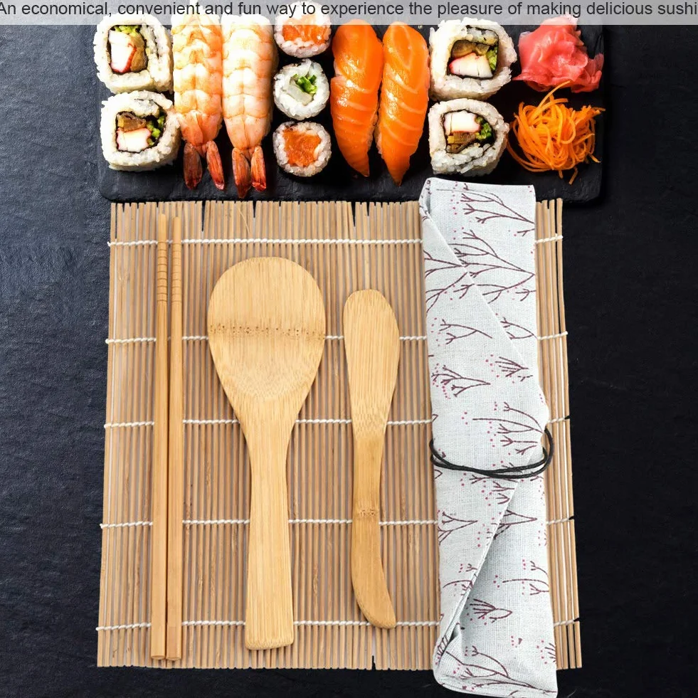 Bambusowy zestaw do robienia sushi Zestaw wałków do Sushi zawiera 2 rolki 5 pałeczek 1 paletę 1 arkusz sushi do użytku domowego