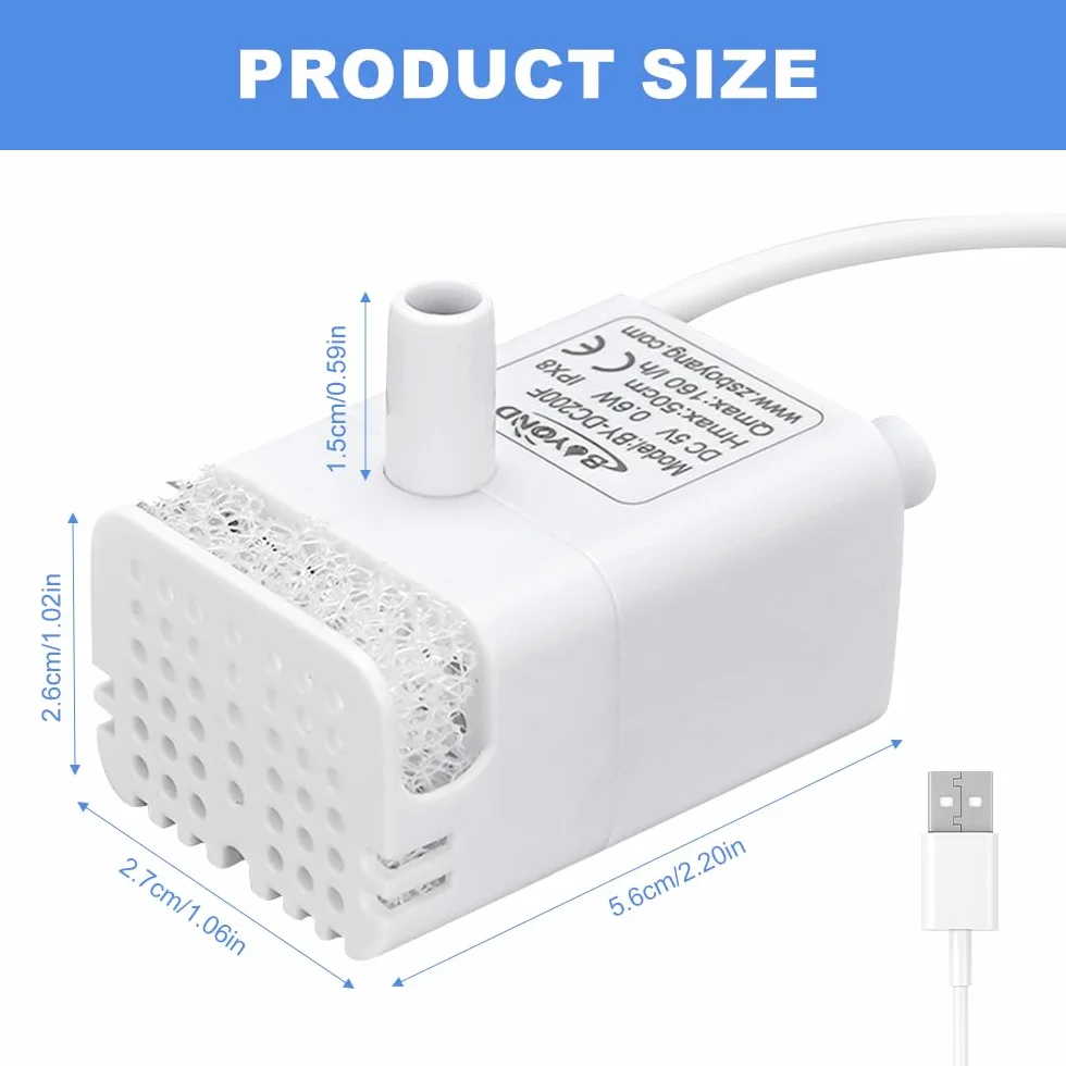Pompa do fontanny 200 l/h 1 W USB 1.5 m cicha dla kotów akwarium