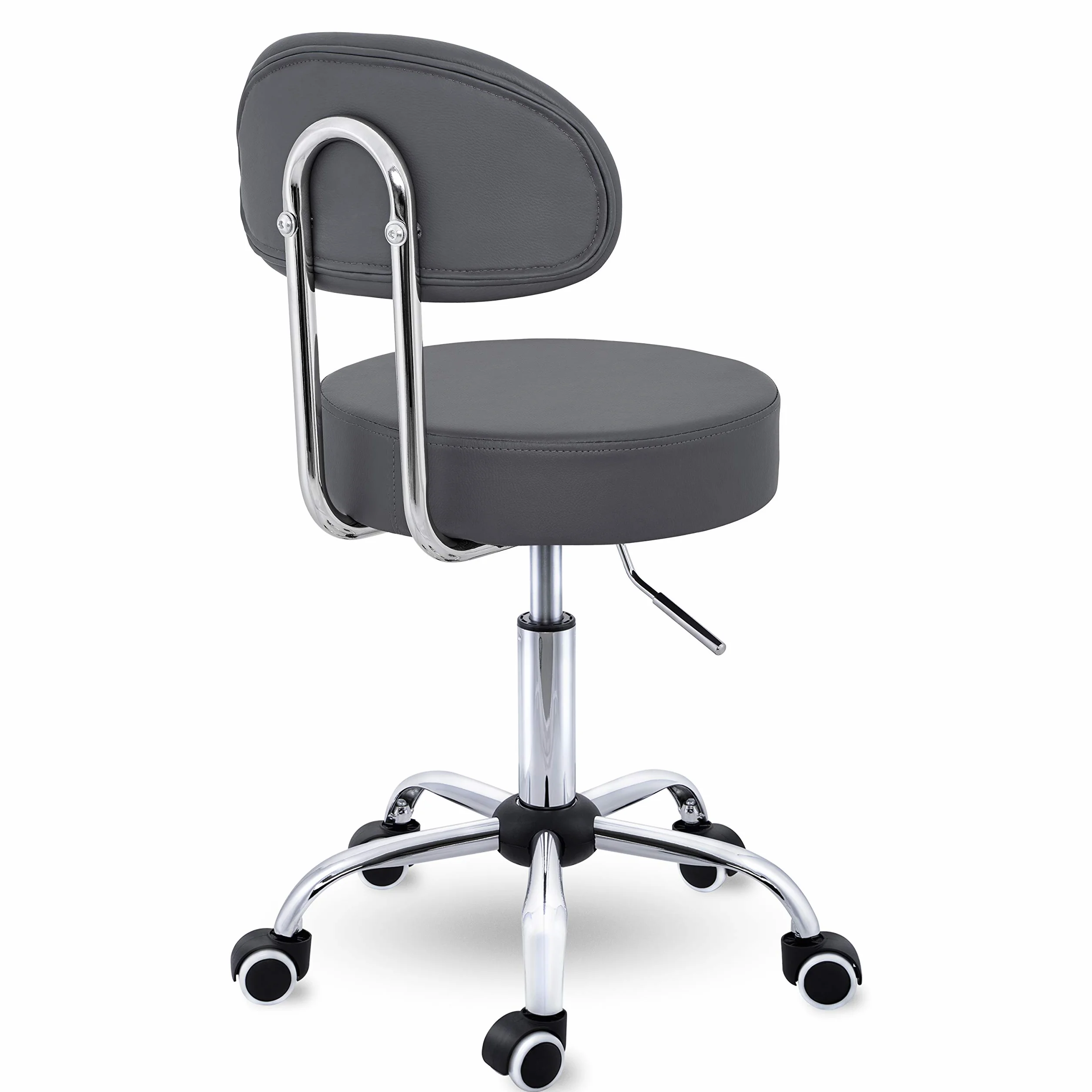 TRESKO® Taboret na kółkach z oparciem, szary, regulacja wysokości 47-60 cm, obrotowy z kółkami, krzesło biurowe, stołek obrotowy